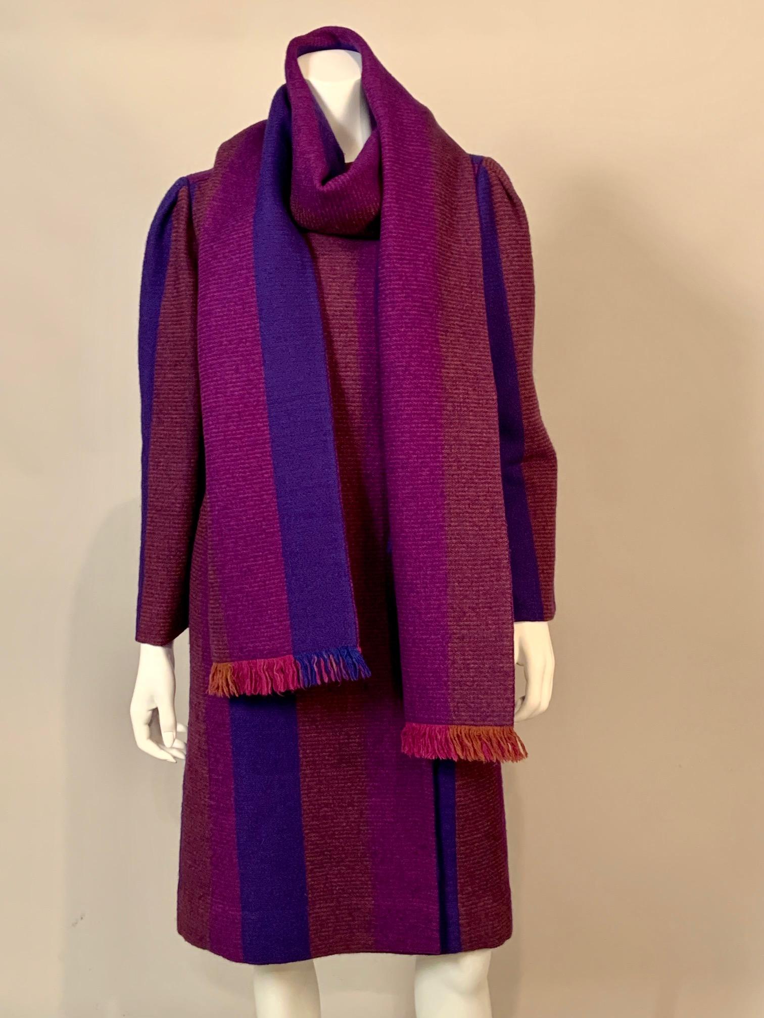 Pauline Trigere Multi Color Striped Wool Coat, Skirt and Matching Shawl In Excellent Condition For Sale In New Hope, PA