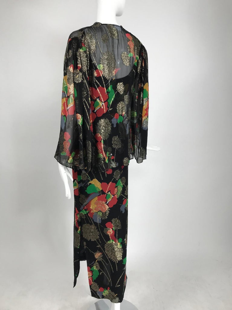 Pauline Trigere Rare Label Metallic Floral Chiffon Slip Dress and ...