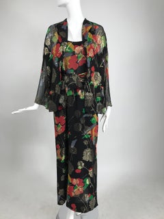 Pauline Trigere Rare Label Metallic Floral Chiffon Slip Dress and Jacket 1970s