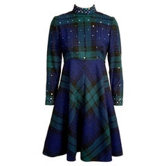 Pauline Trigere Rhinestone Studded Black Watch Plaid Dinner or Cocktail Dress