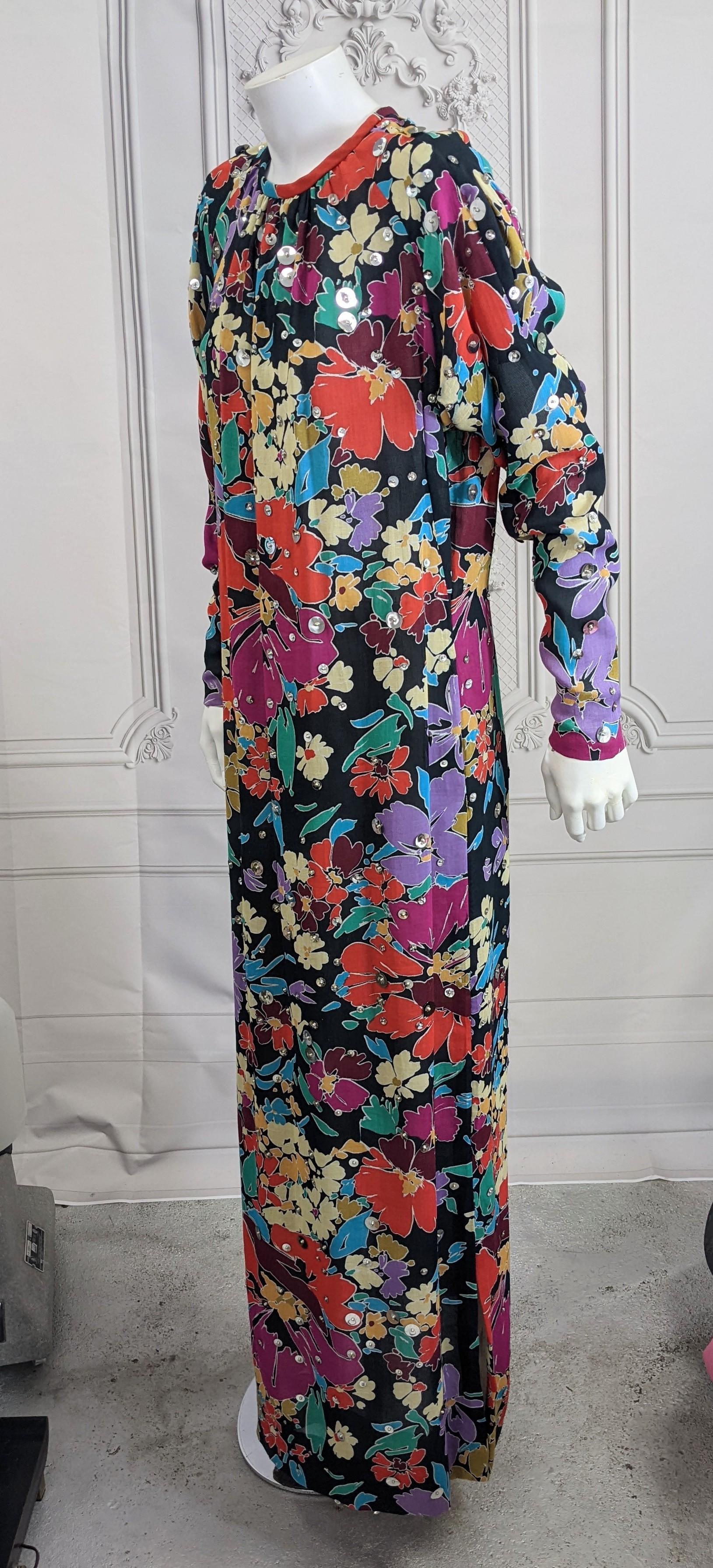 Pauline Trigere Sequin Cotton Evening Floral Sheath In Good Condition For Sale In New York, NY