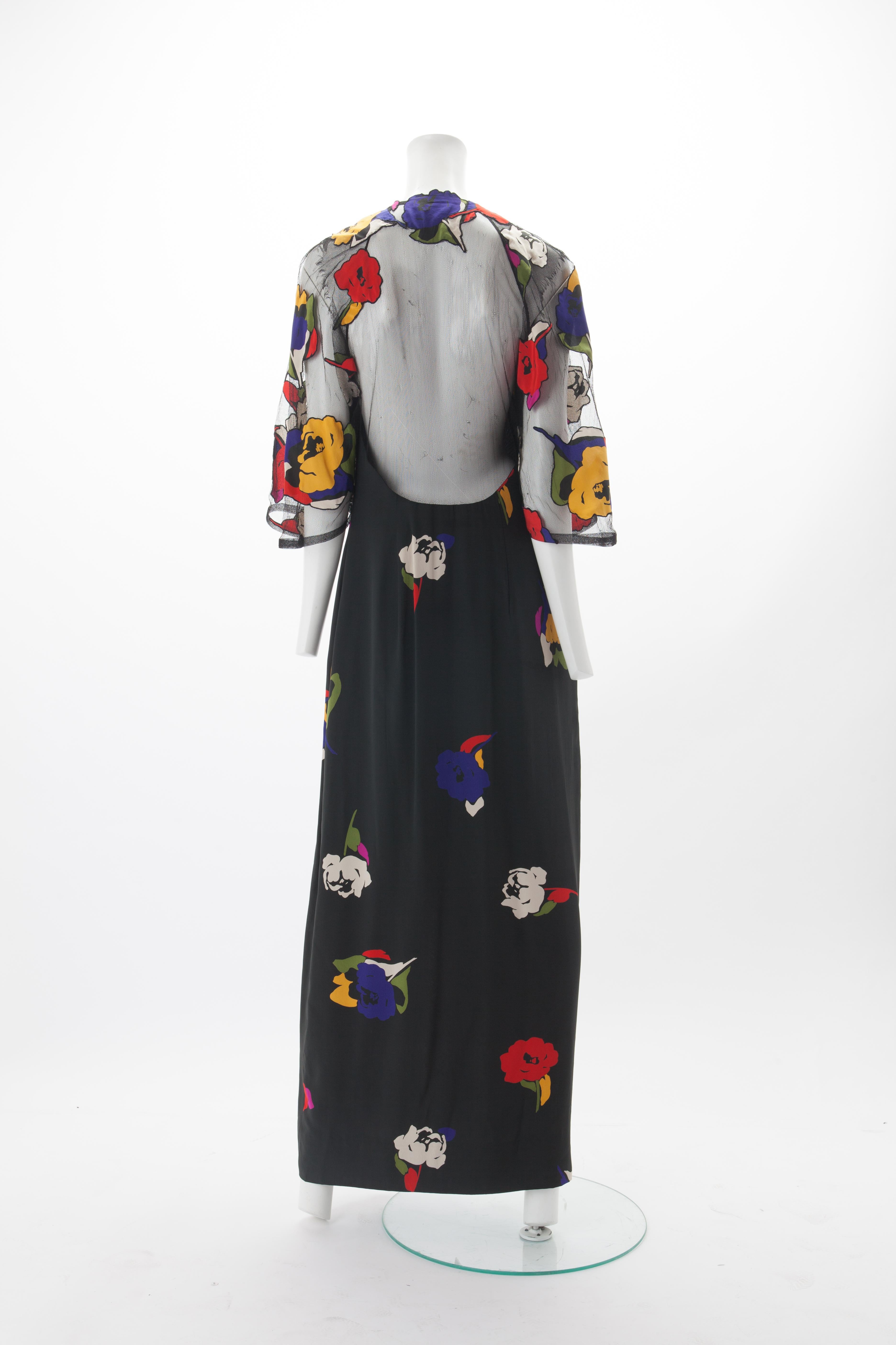 Black Pauline Trigère Silk and Net Gown with Floral Appliqués c.1970s.