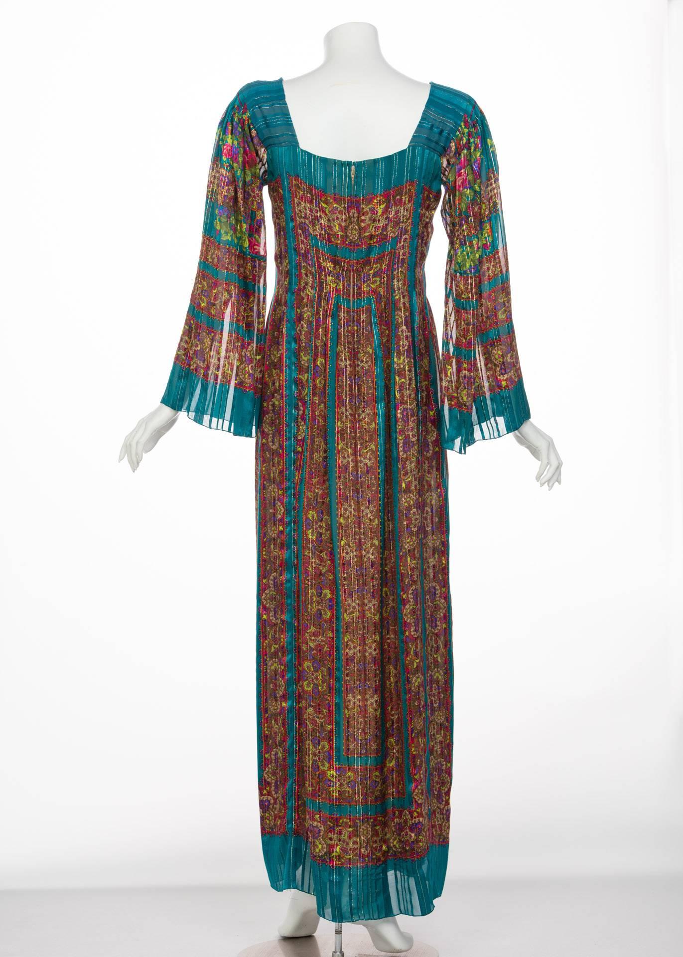 Pauline Trigere Silk Floral Metallic Bell Sleeve Caftan Maxi Dress, 1970s In Excellent Condition For Sale In Boca Raton, FL