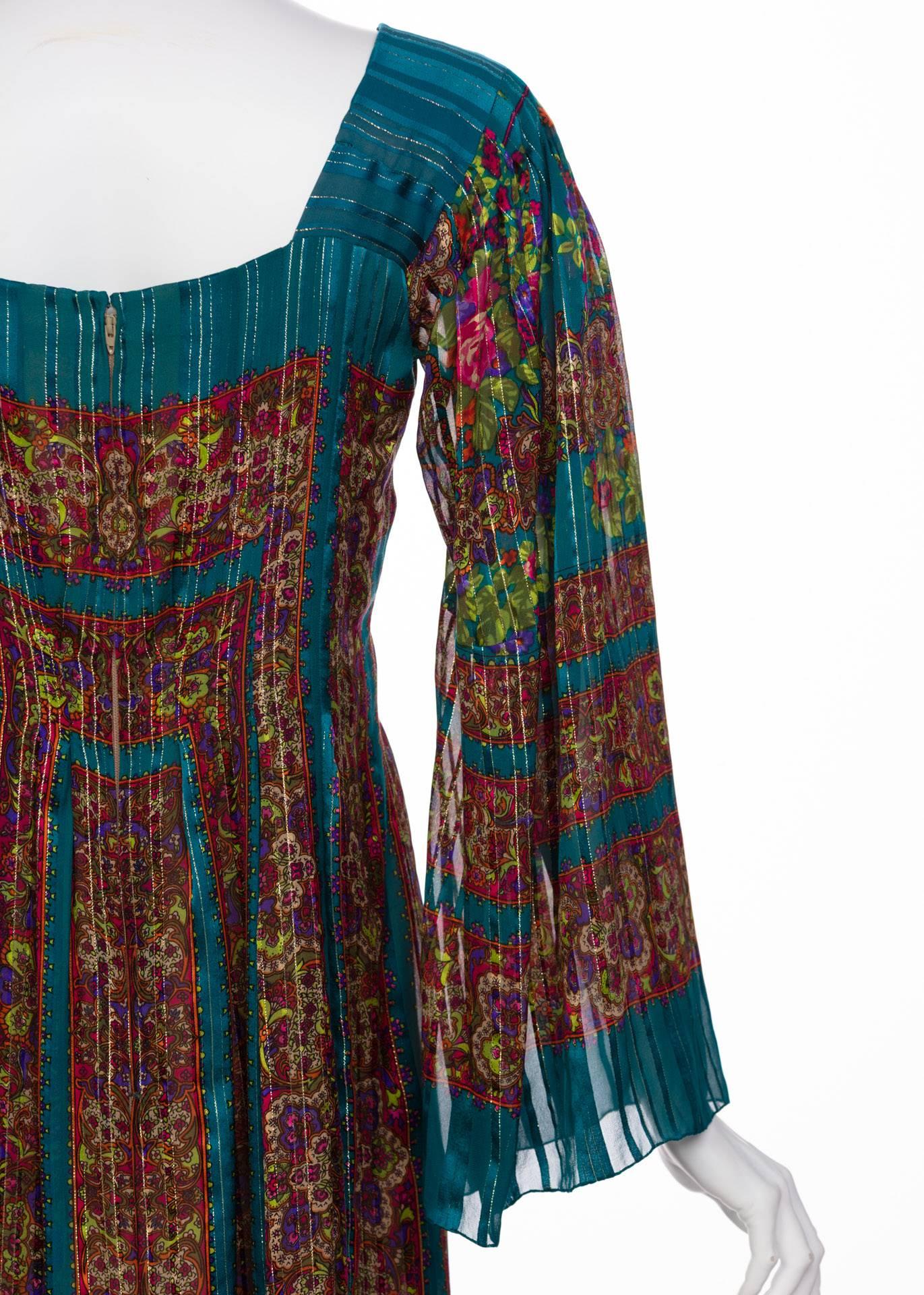 Pauline Trigere Silk Floral Metallic Bell Sleeve Caftan Maxi Dress, 1970s 1