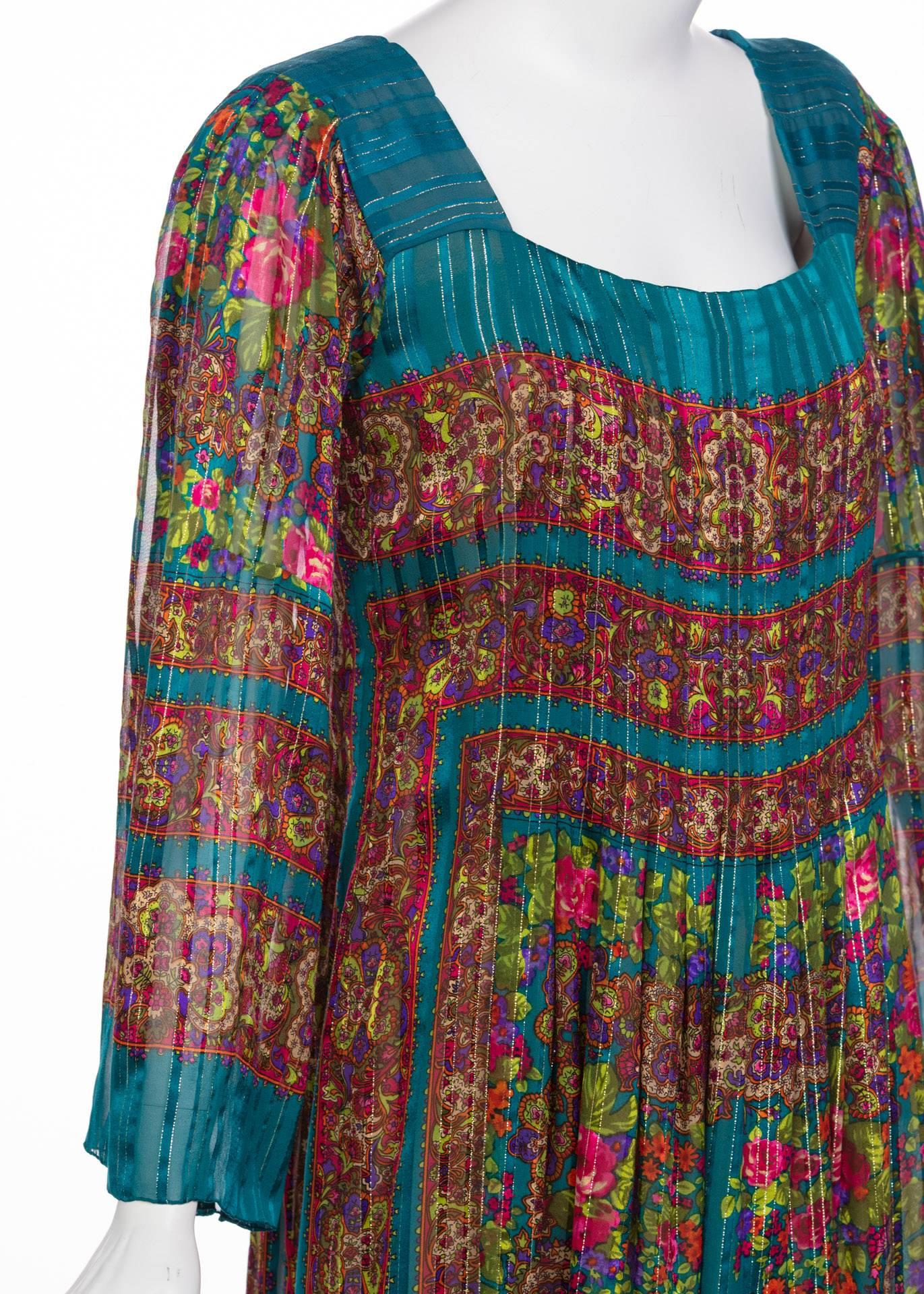 Pauline Trigere Silk Floral Metallic Bell Sleeve Caftan Maxi Dress, 1970s For Sale 1