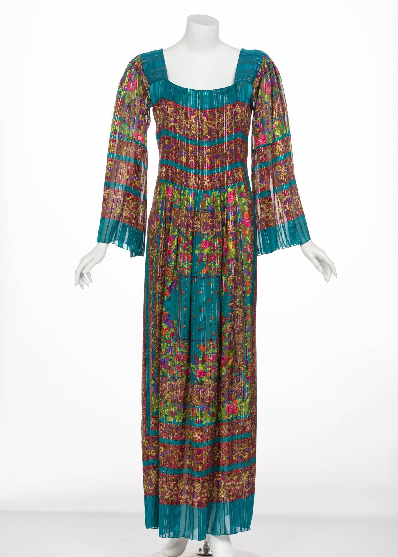 Pauline Trigere Silk Floral Metallic Bell Sleeve Caftan Maxi Dress, 1970s For Sale 3