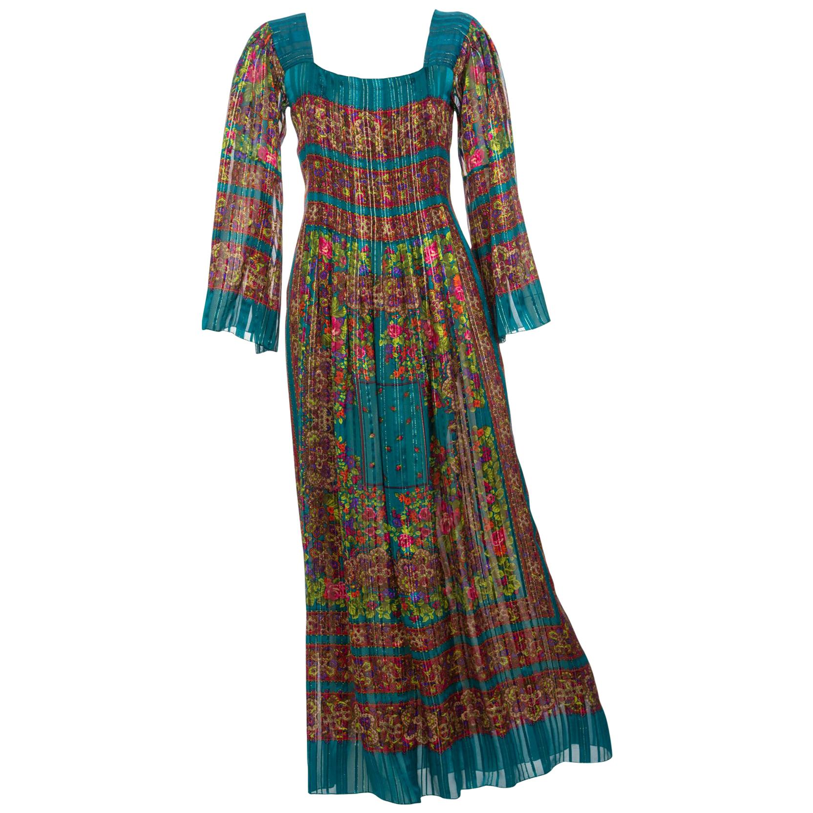 Pauline Trigere Silk Floral Metallic Bell Sleeve Caftan Maxi Dress, 1970s For Sale