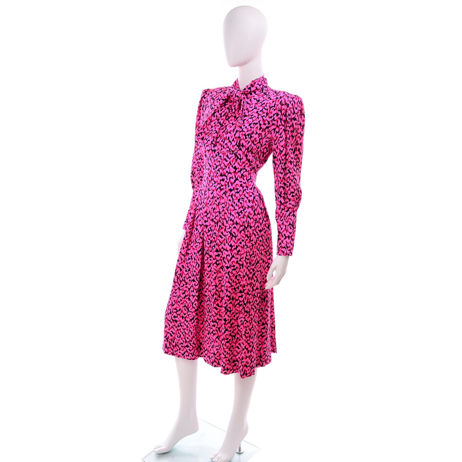 Pauline Trigere Silk Pink Red and Black Abstract Print Dress With Sash ...