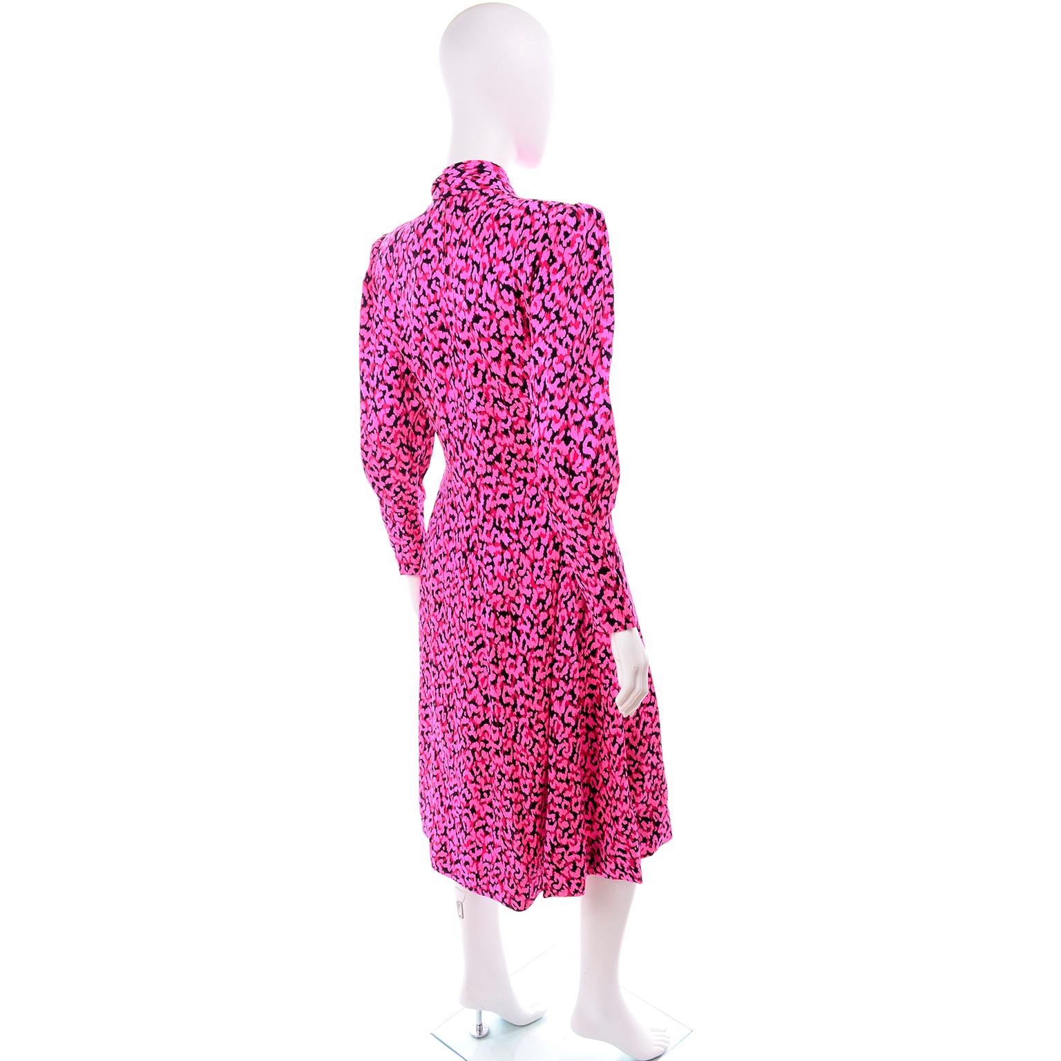 Women's Vintage Pauline Trigere Silk Pink Red and Black Abstract Print Dress With Sash