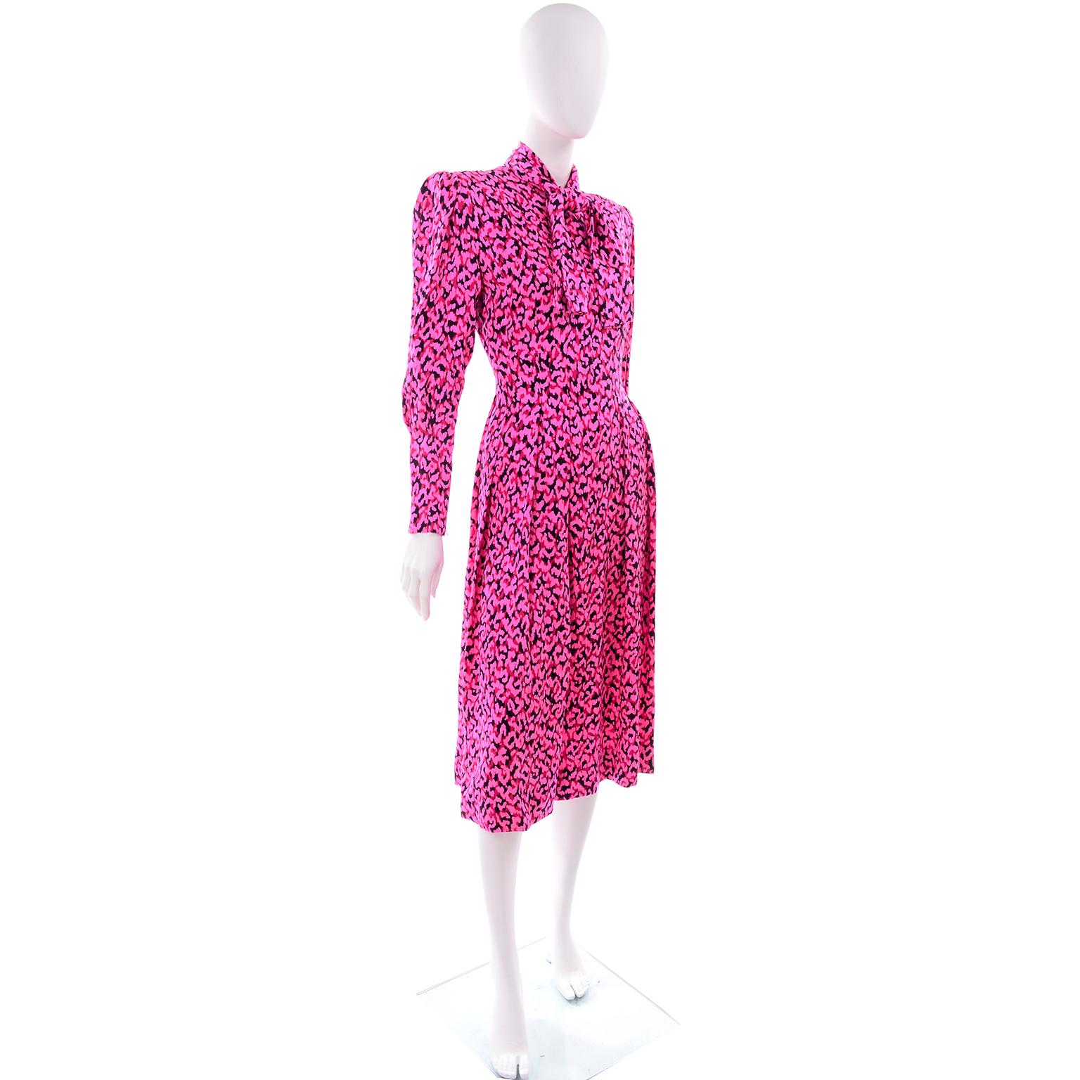 Vintage Pauline Trigere Silk Pink Red and Black Abstract Print Dress With Sash 1