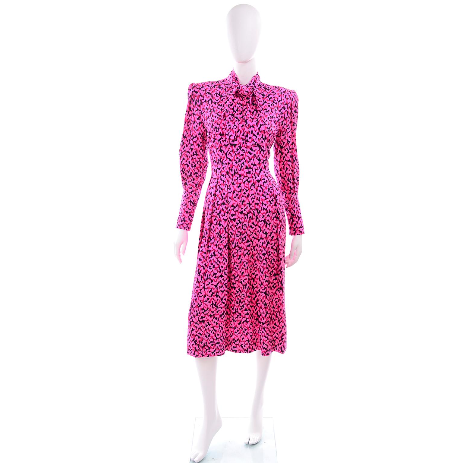 Vintage Pauline Trigere Silk Pink Red and Black Abstract Print Dress With Sash 2