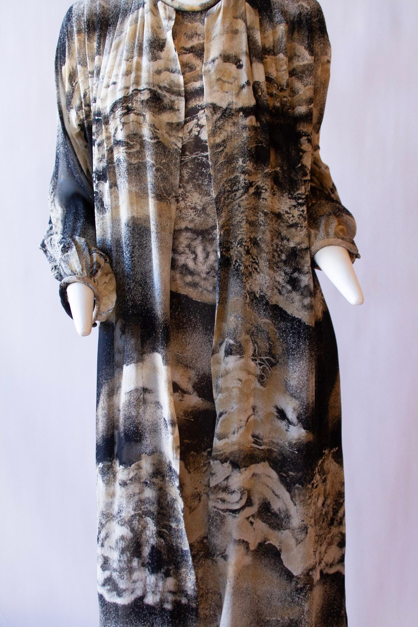 PAULINE TRIGÈRE Suminagashi Marbling Print Silk Halter Dress and Draper, 1970s 7