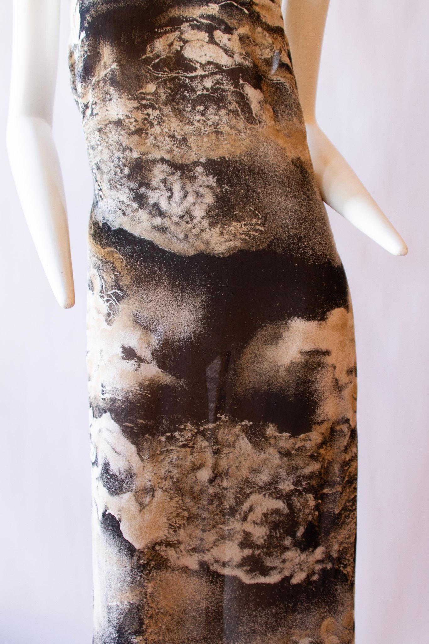 PAULINE TRIGÈRE Suminagashi Marbling Print Silk Halter Dress and Draper, 1970s In Excellent Condition In Kingston, NY