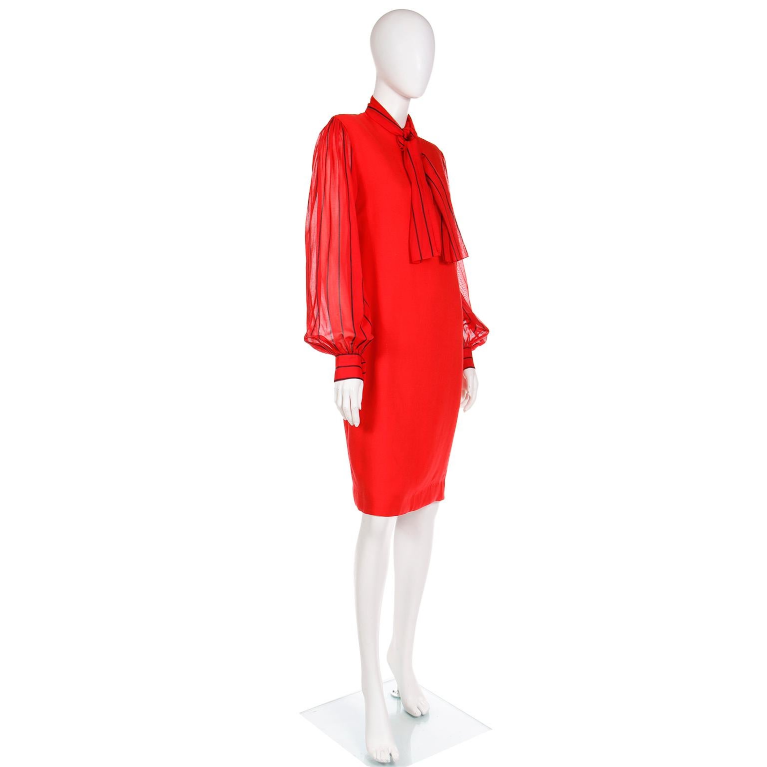 Women's Pauline Trigere Vintage Red Dress With Sheer Striped Sleeves & Scarf For Sale