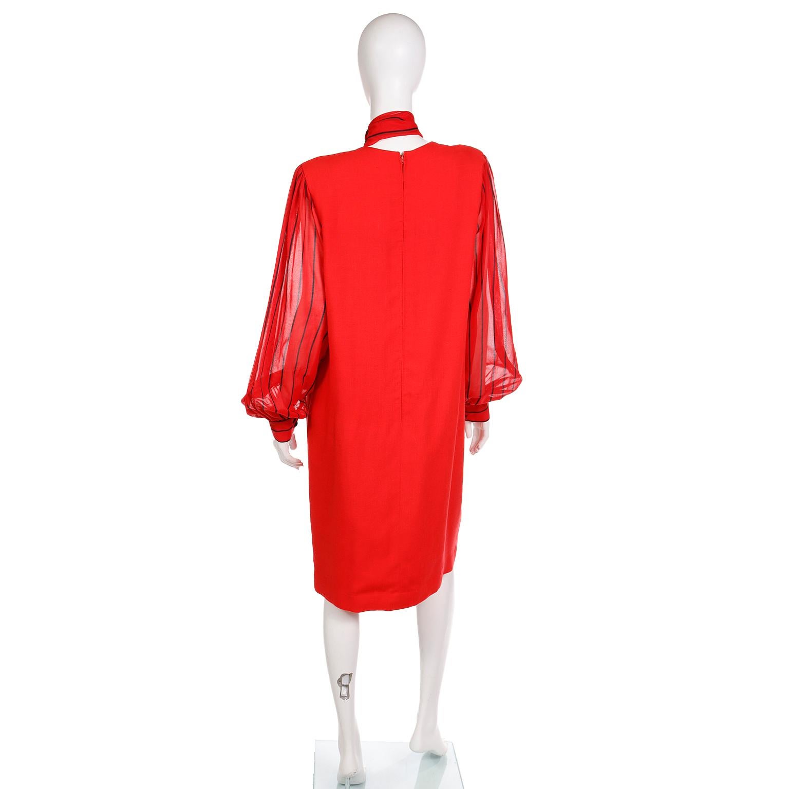 Pauline Trigere Vintage Red Dress With Sheer Striped Sleeves & Scarf For Sale 1