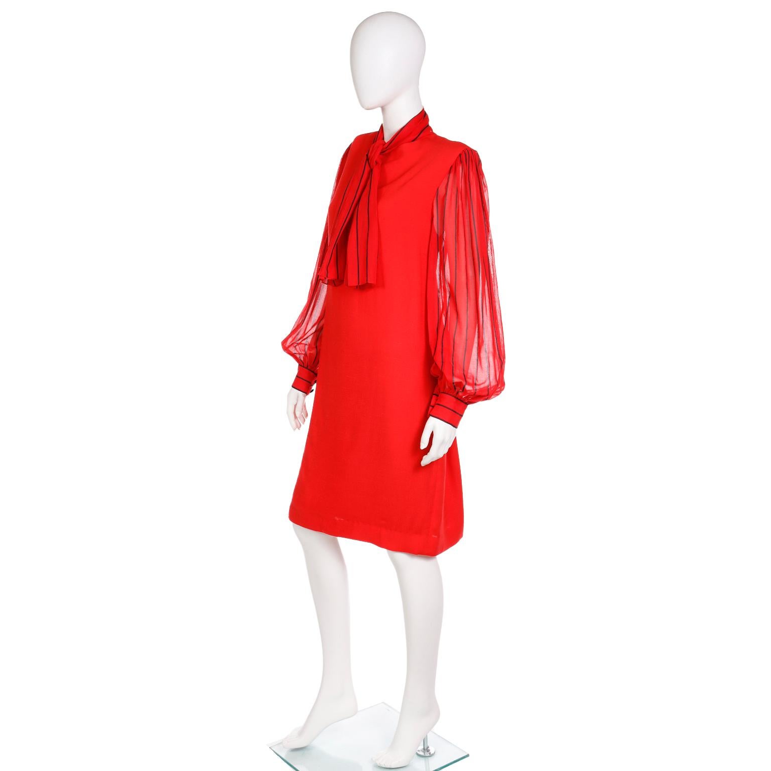 Pauline Trigere Vintage Red Dress With Sheer Striped Sleeves & Scarf For Sale 2