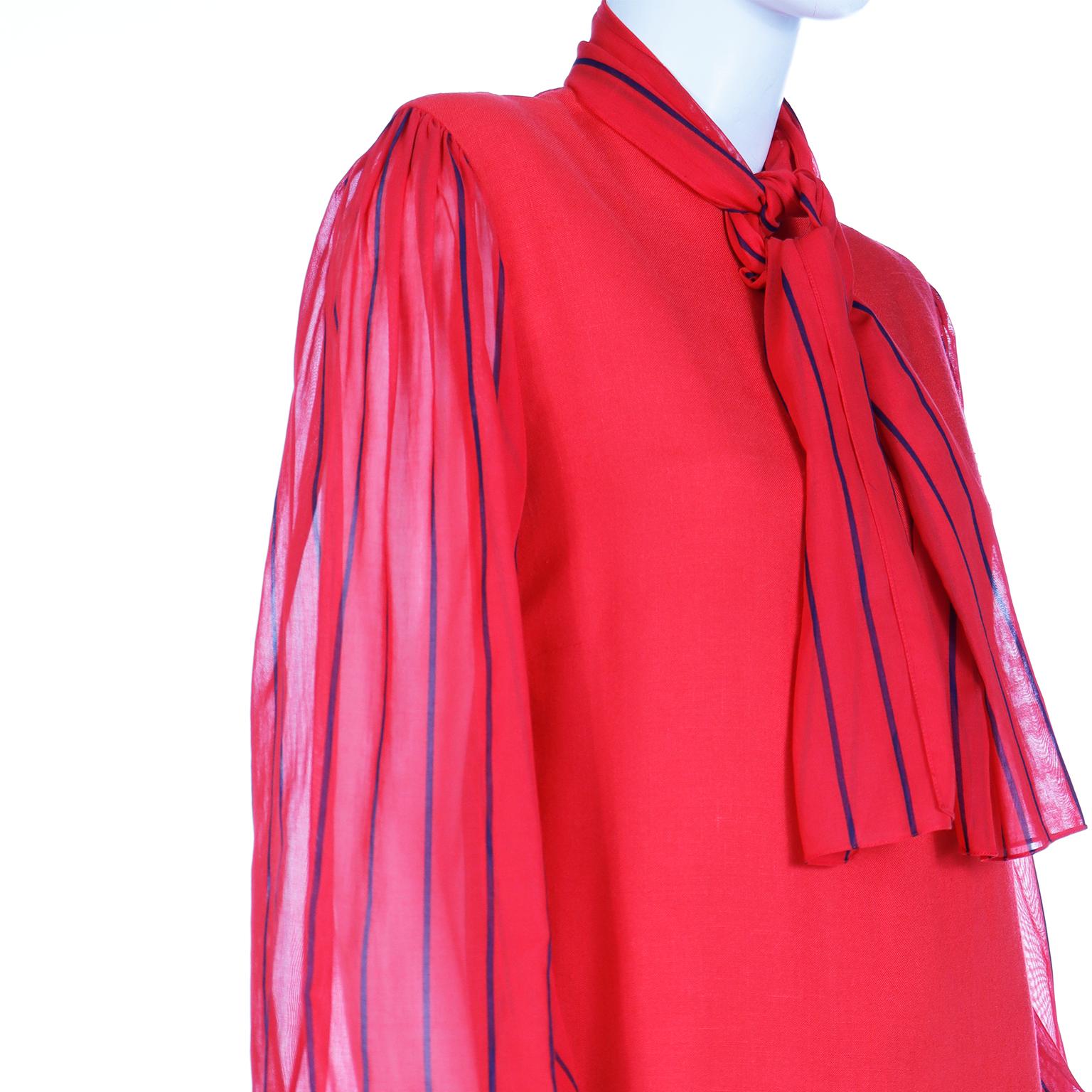 Pauline Trigere Vintage Red Dress With Sheer Striped Sleeves & Scarf For Sale 3