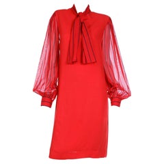 Pauline Trigere Vintage Red Dress With Sheer Striped Sleeves & Scarf