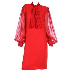 Pauline Trigere Used Red Dress With Sheer Striped Sleeves & Scarf