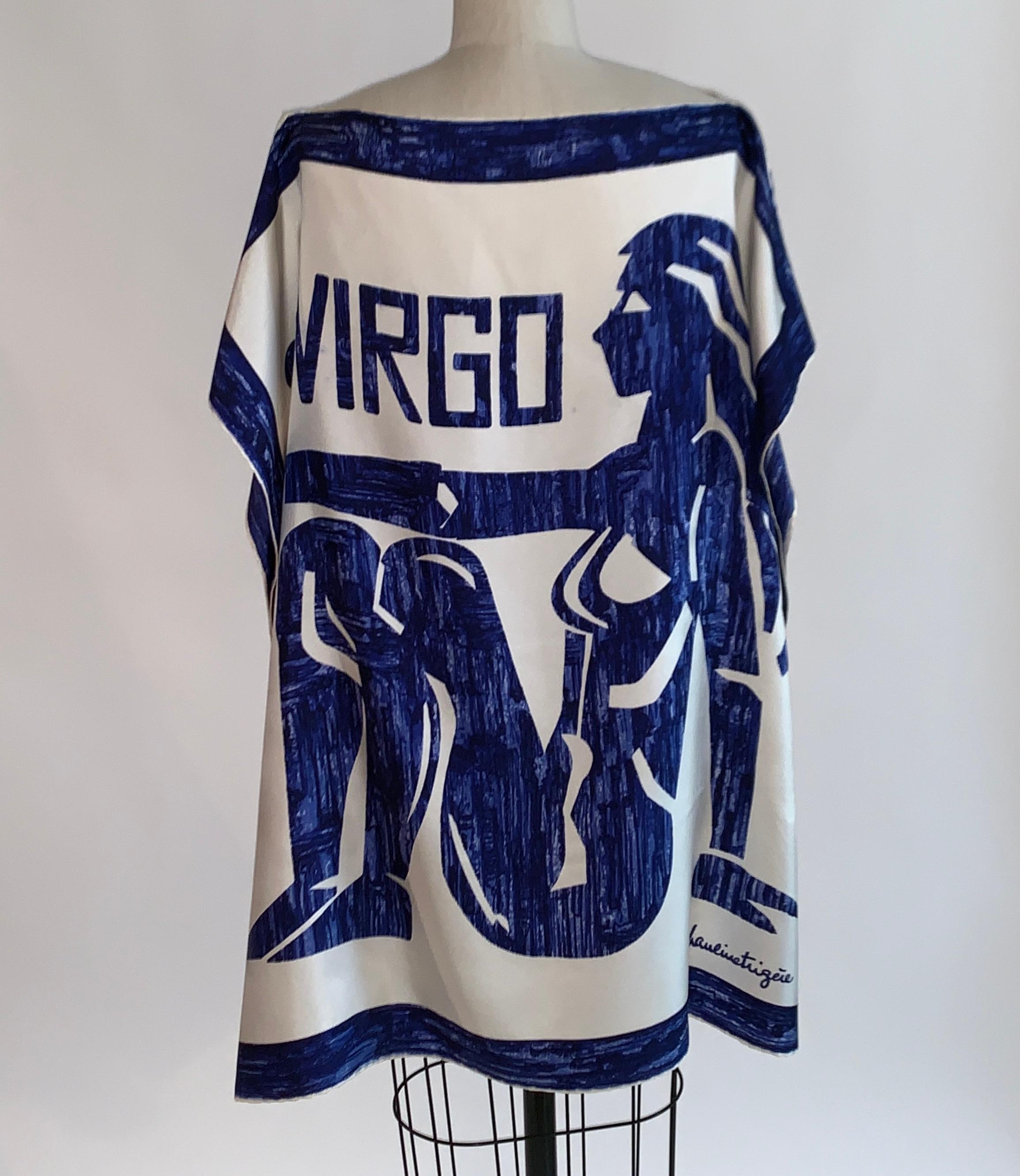 Pauline Trigere 1970s blue and white silk top comprised of two horoscope zodiac virgo scarves stitched together at shoulders and sides to create a shirt. Perfect for a beach cover up! 

Signed Pauline Trigere in lower corner on each scarf. 

One