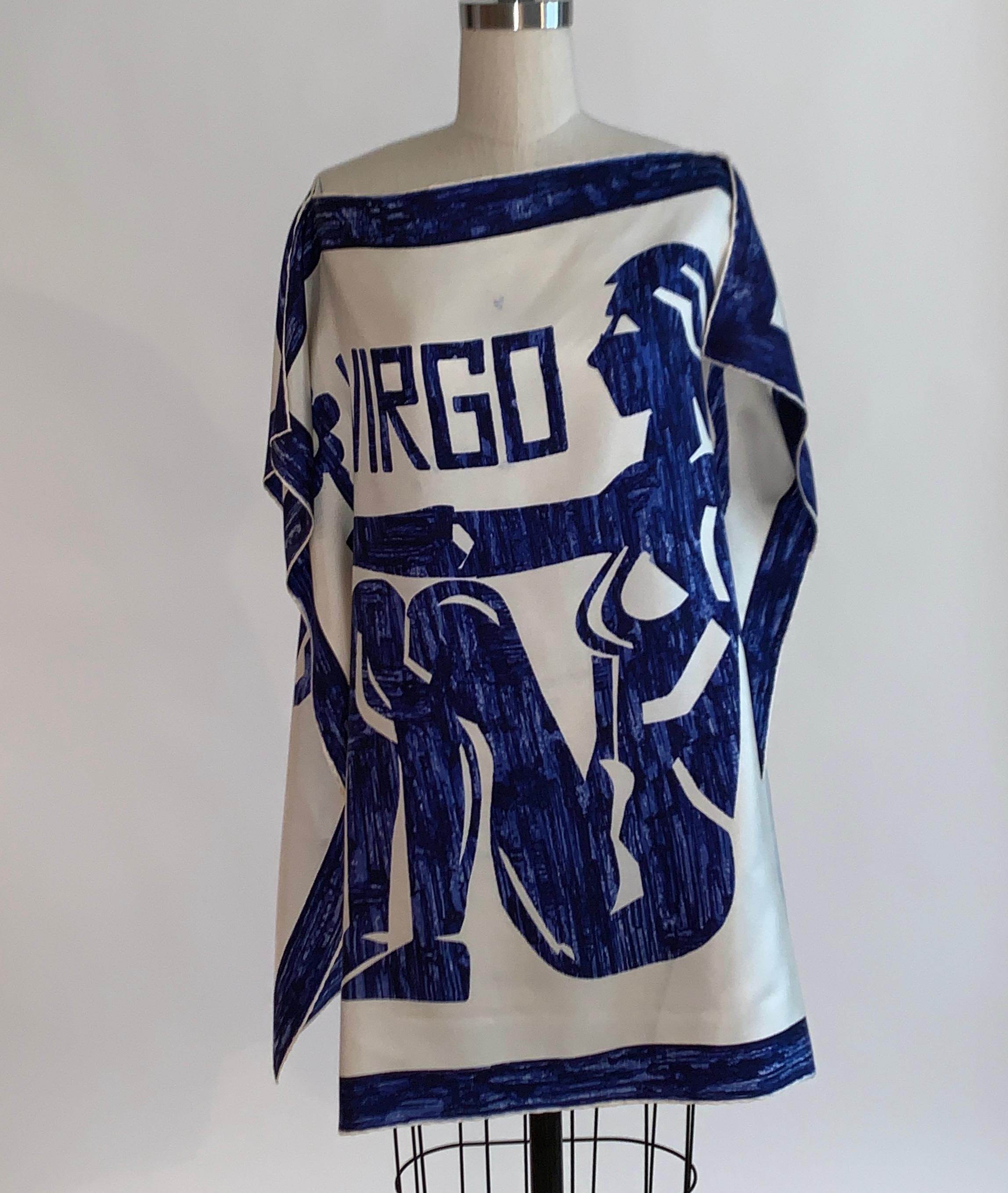 Pauline Trigere Vintage Virgo Silk Scarf Top in Blue and White 1970s In Good Condition In San Francisco, CA