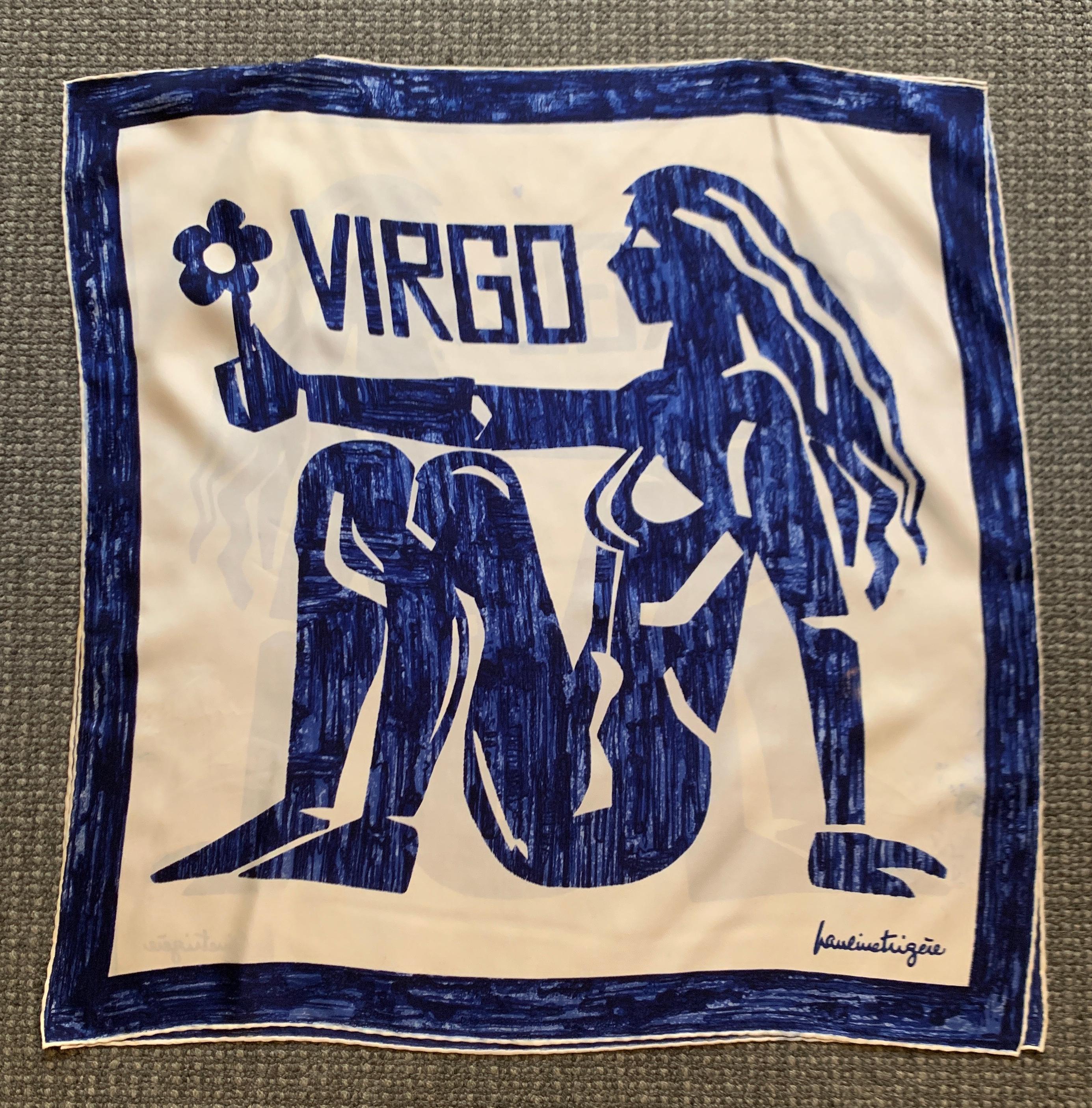 Women's Pauline Trigere Vintage Virgo Silk Scarf Top in Blue and White 1970s