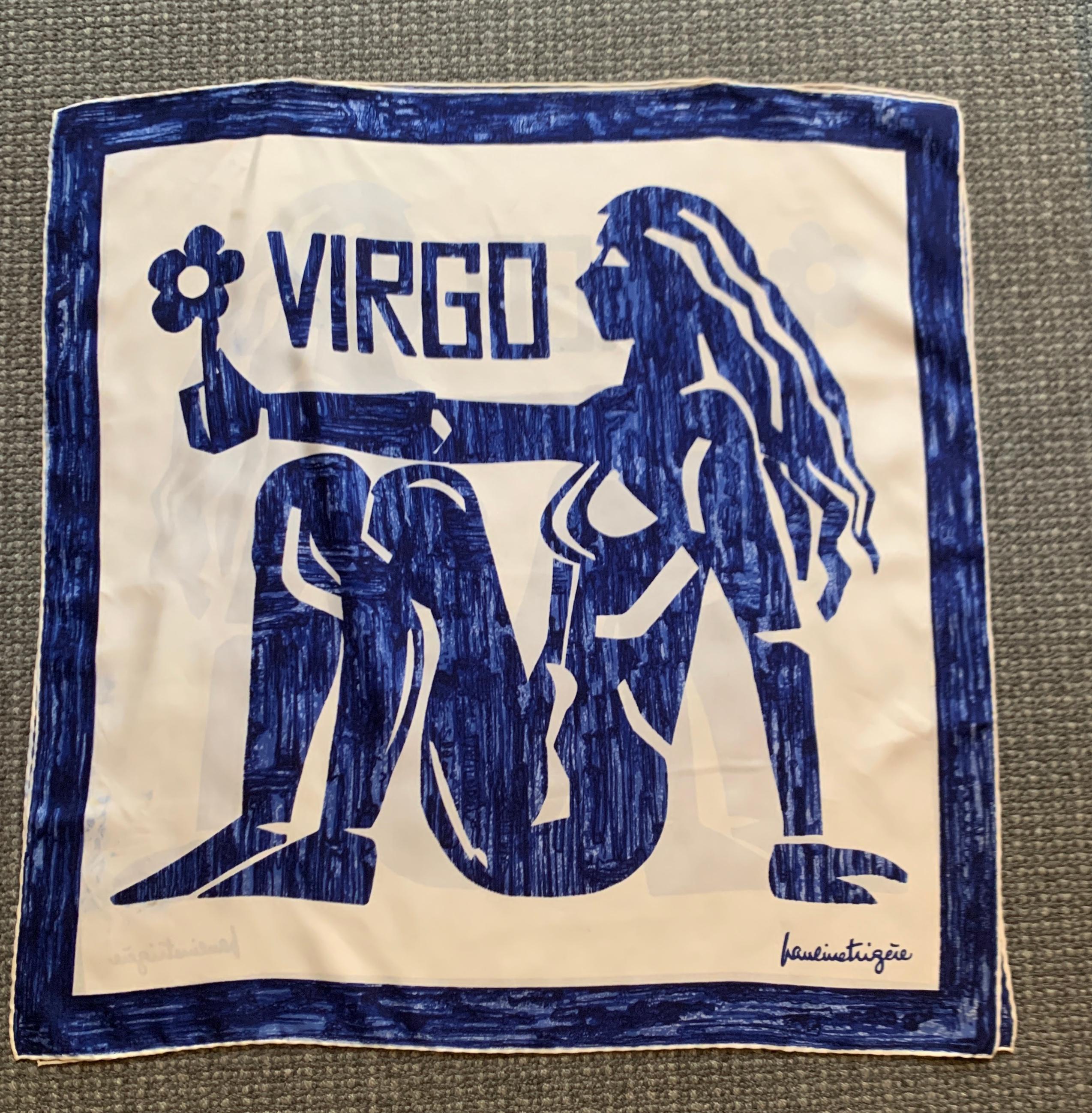 Pauline Trigere Vintage Virgo Silk Scarf Top in Blue and White 1970s 1