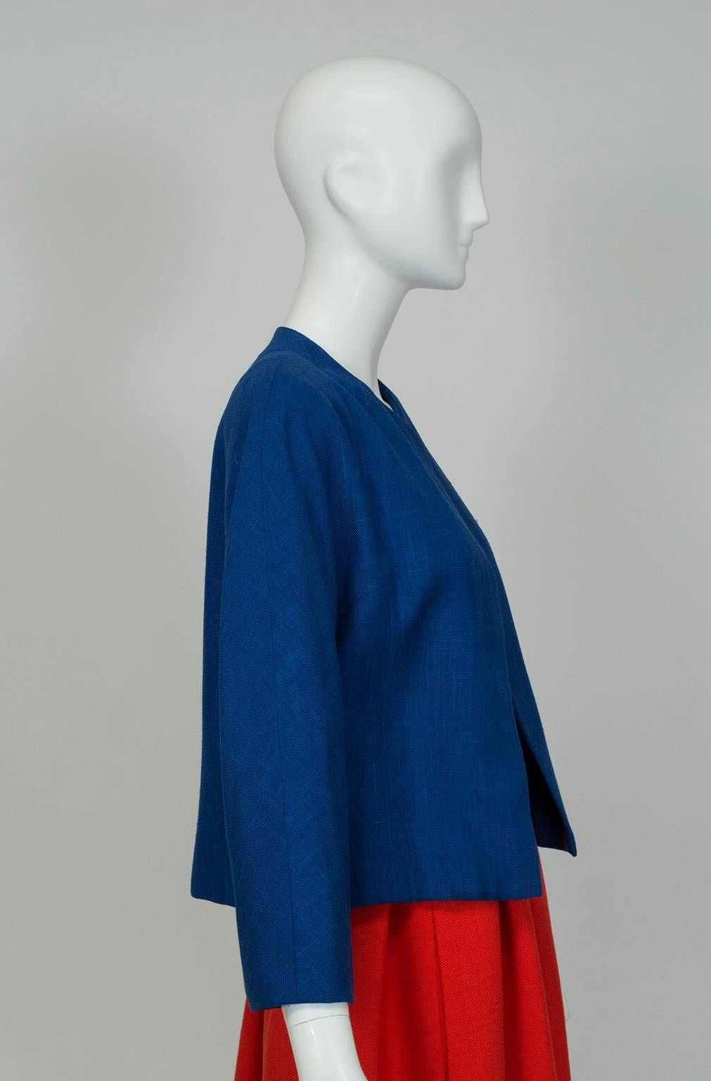 Want to look pulled together in 10 seconds flat? Here’s your answer. This minimal crop jacket has no collar or closures to distract from the rest of your outfit, while the rich marine blue is unusual enough to add punch but still coordinates with