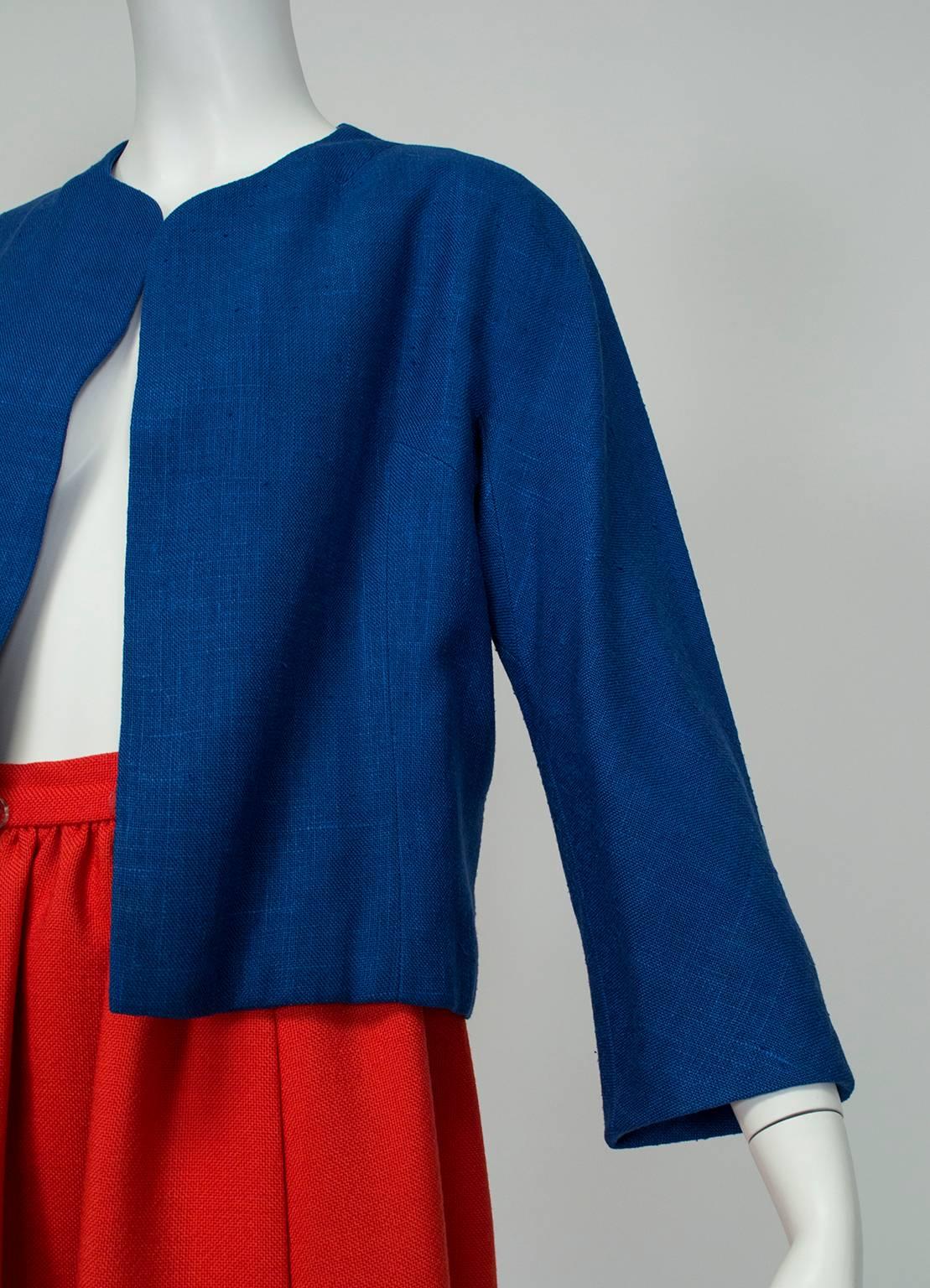 Purple Pauline Trigère Marine Blue Collarless Crop Jacket with Red Lining - M, 1960s For Sale