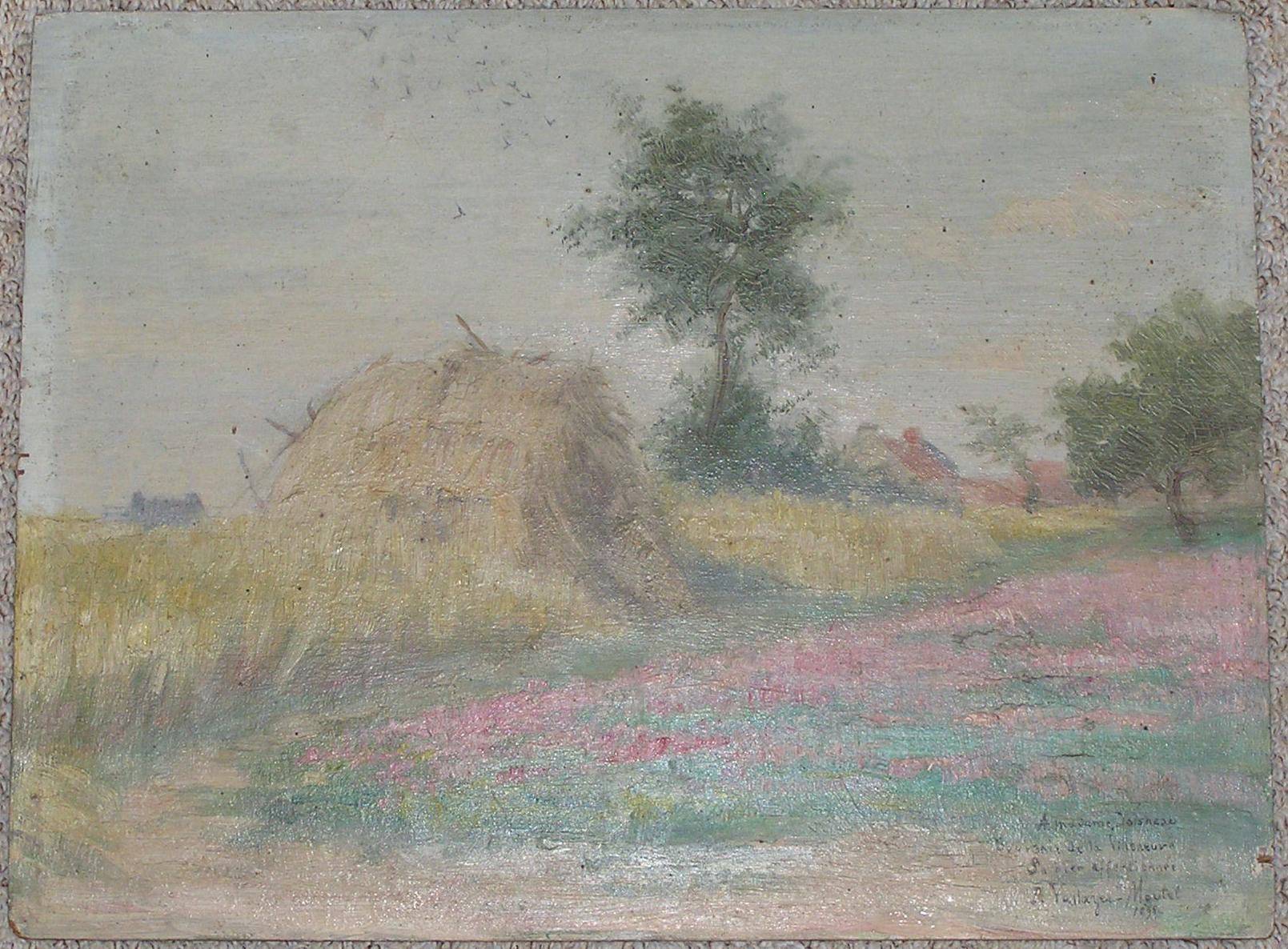 Pauline Vallayer Moutet (Act. 19th/20thC) 1898 Haystack French Impressionist O/p - Gray Landscape Painting by Pauline Vallayer-Moutet