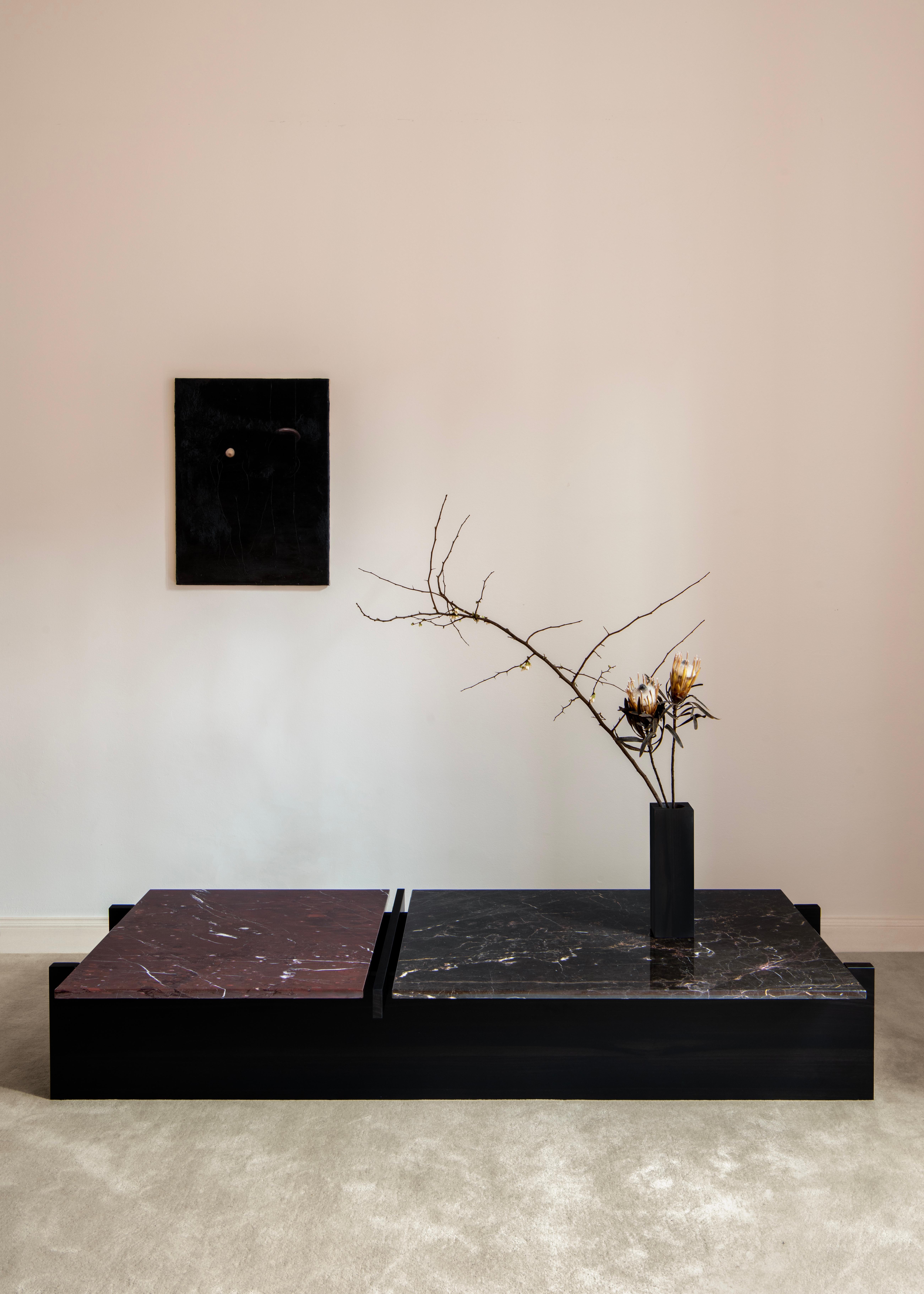 Paulinista Coffee Table by Studio Daniel K
Dimensions: W 180 x D 80 x H 30 cm.
Materials: Noir Saint Laurent, Rouge du Roi Marble, Smoked Eucal 

The Paulinista coffee table from StudioDanielK's Antechamber collection blends radical purity with