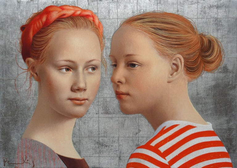 Paulis Postazs Figurative Painting - Sisters. 2021. Oil on canvas, 25x35 cm