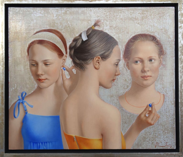 Urban girls. 2021. Oil on canvas, 58x68 cm - Photorealist Painting by Paulis Postazs