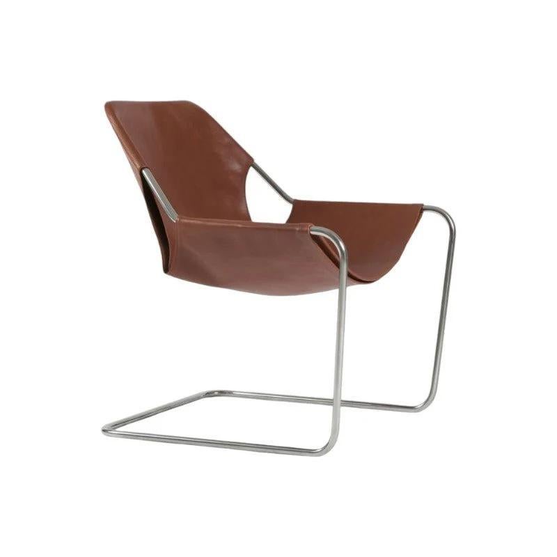 French Paulistano Leather Armchair in Terracotta Leather and Polished Stainless Steel For Sale