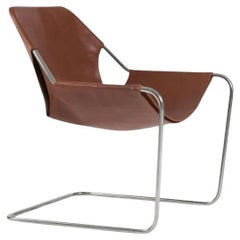Paulistano Leather Armchair in Terracotta Leather and Polished Stainless Steel