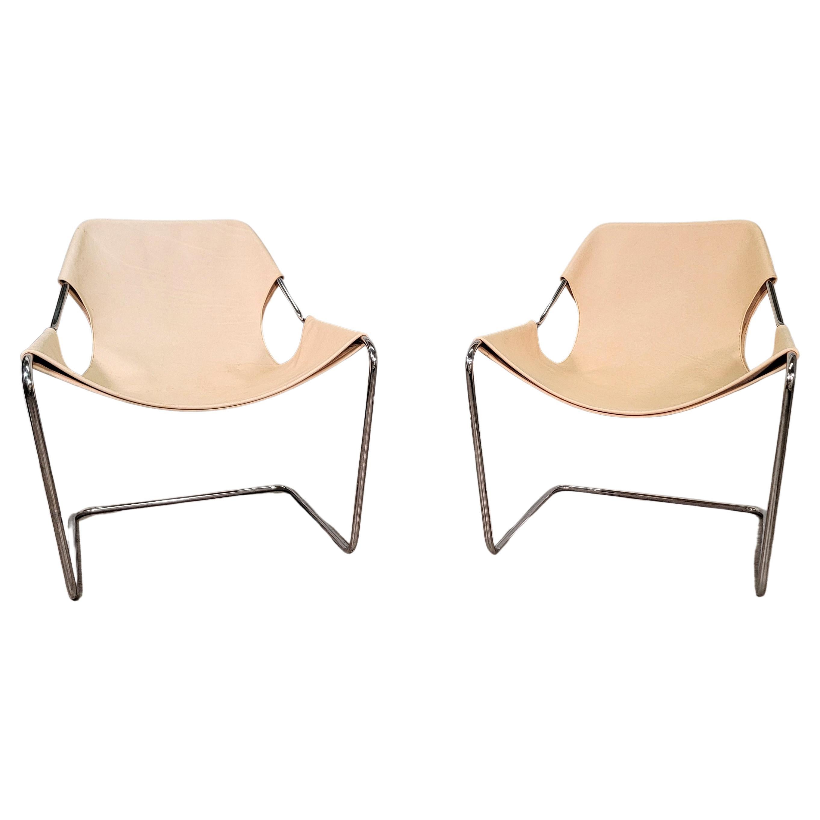Mid-Century Modern Paulistano Natural Leather Sling Armchairs - a Pair
