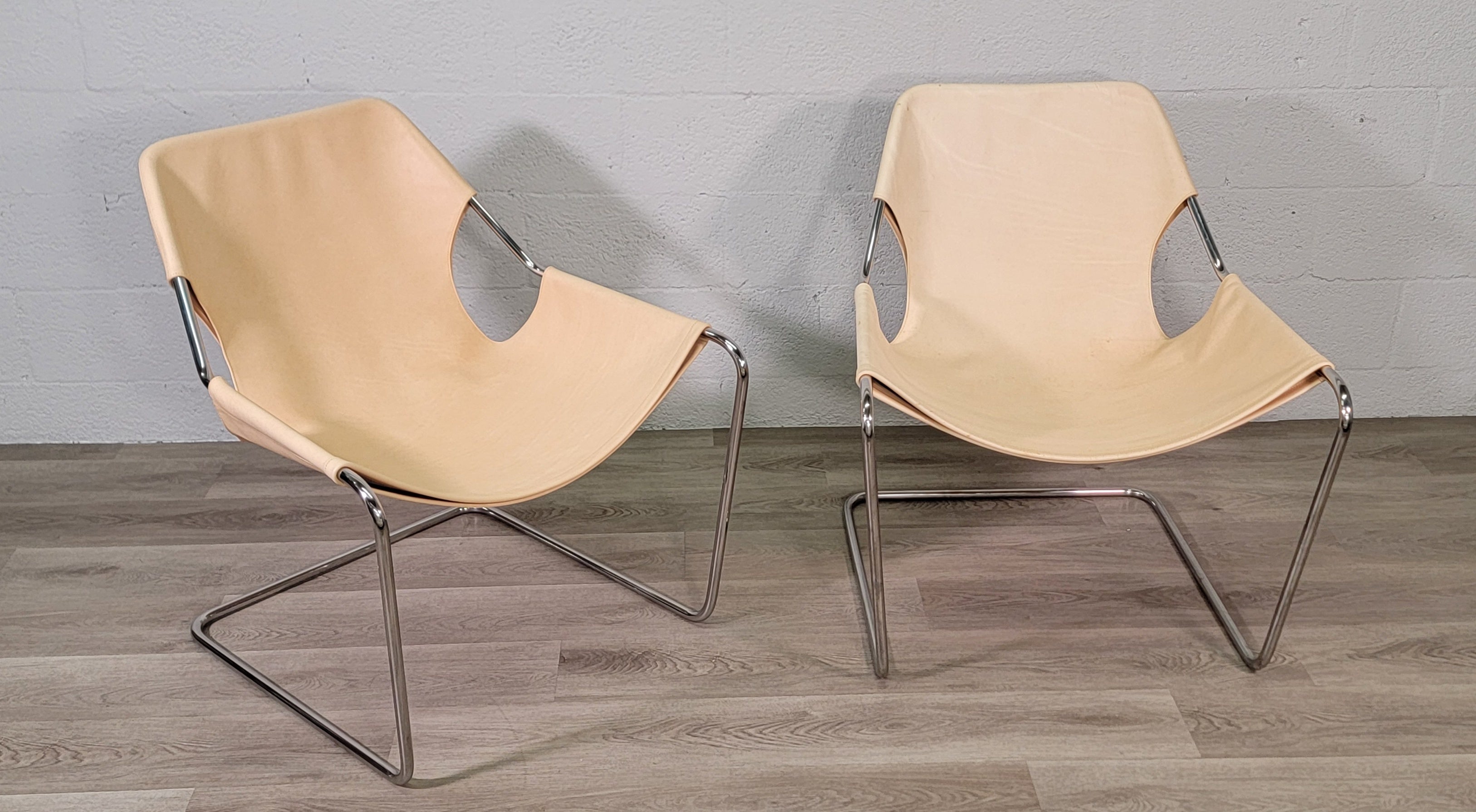 Contemporary Paulistano Natural Leather Sling Armchairs - a Pair