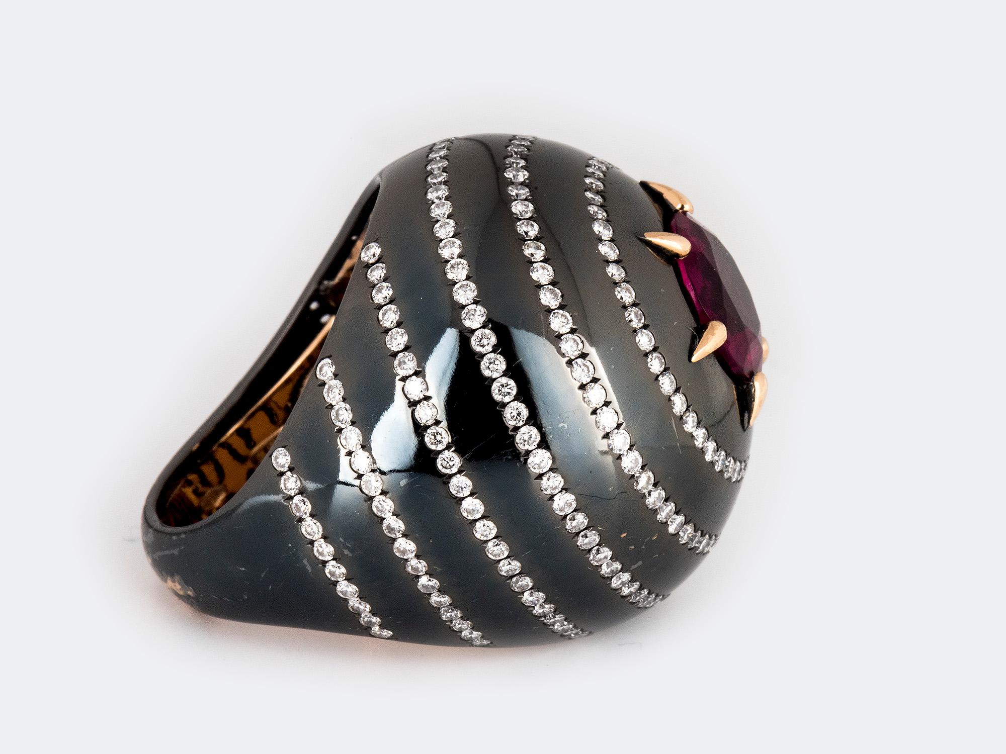 Very dramatic Rubellite and Diamond Dome Ring set in 18k Gold and Titanium.