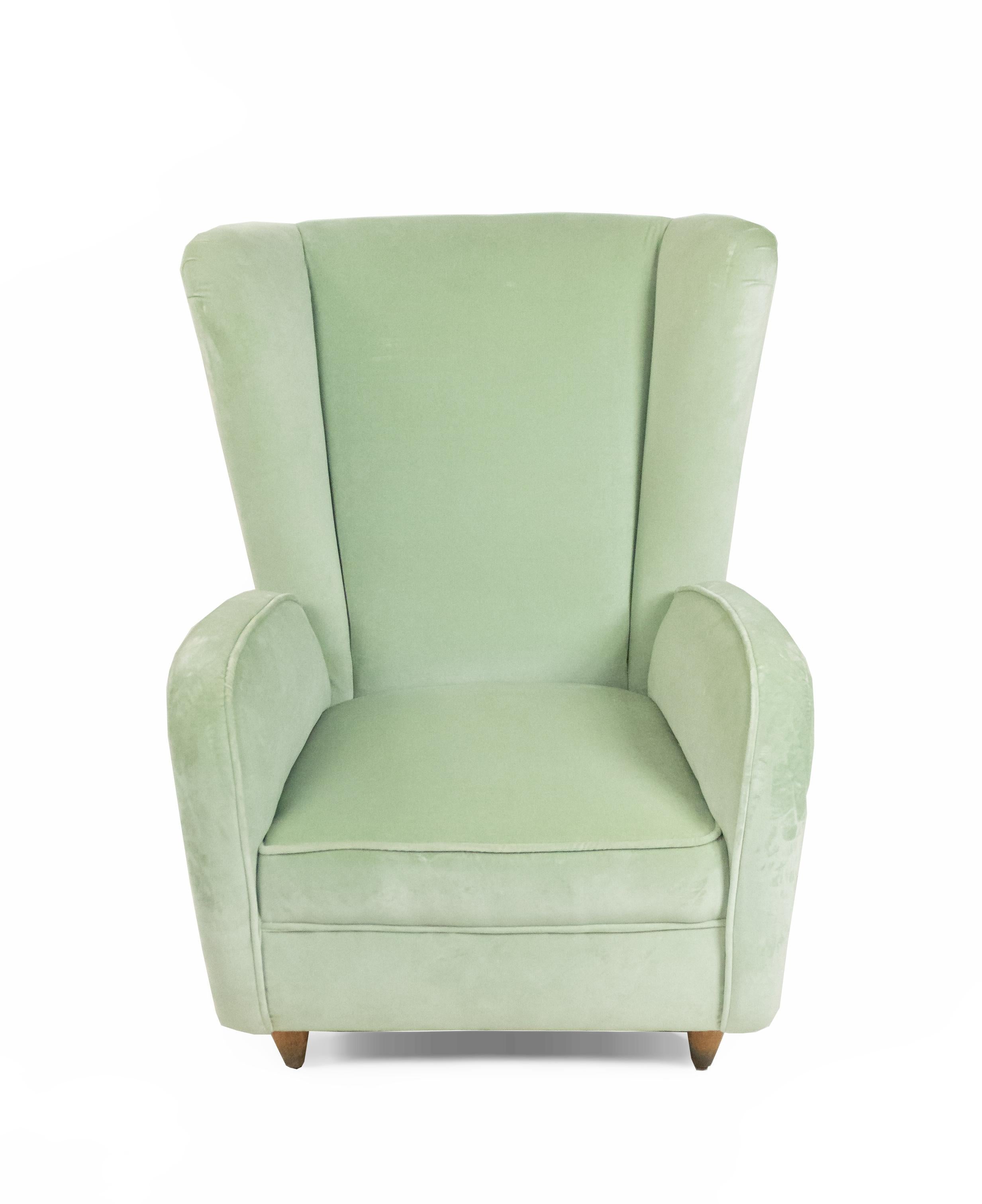 Pair of Italian Modernist (1960s) Paolo Buffa style wing back mint green velvet diminutive (small scale) armchairs with piping and wooden peg legs on round brass feet.