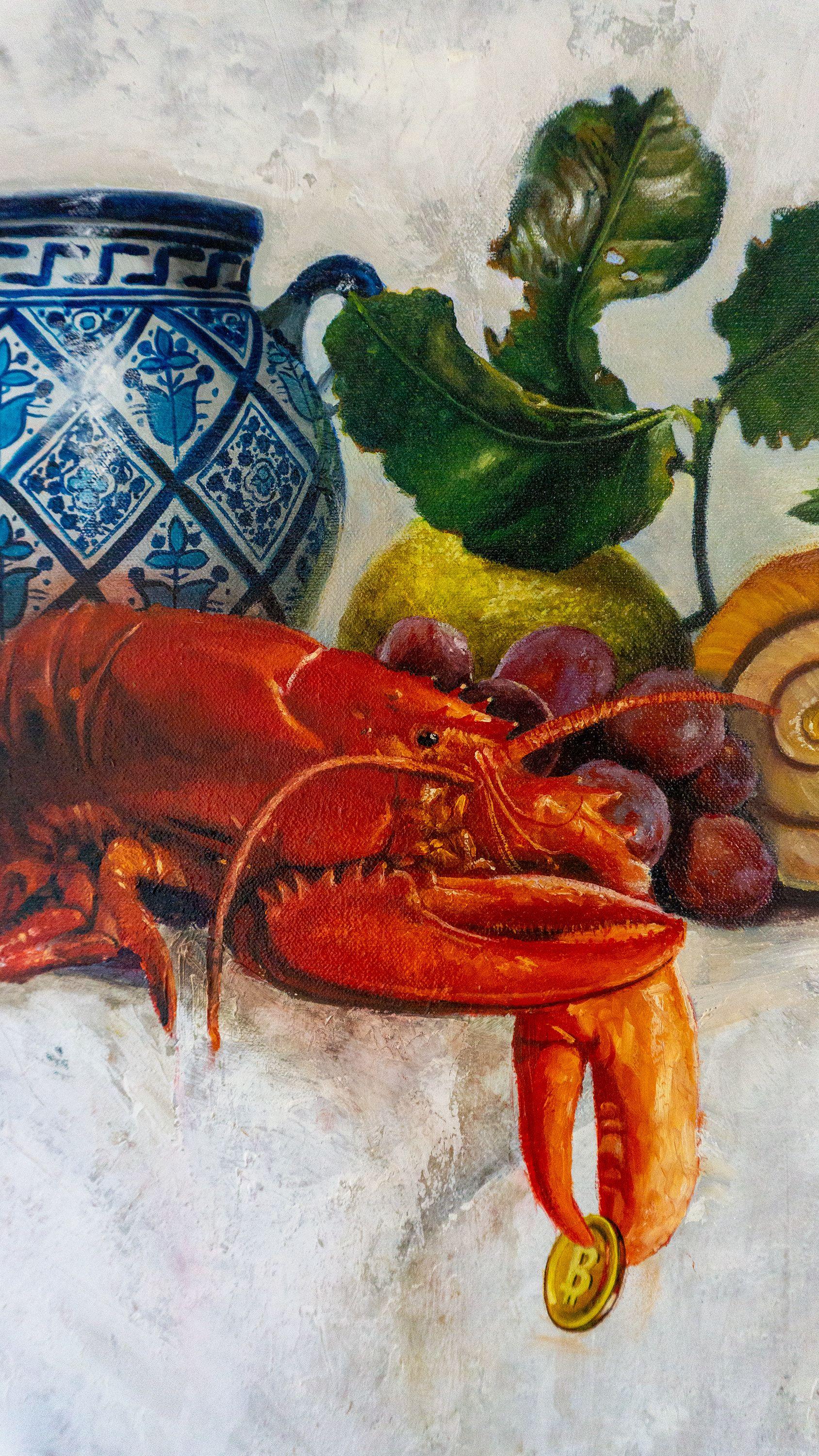 Krakky the Lobster has invited a few friends to the Bitcoin party including a Gold Unicorn and William the Hippo -- MET Museum official mascot. A couple of exotic seashells and a mediterranean vase compliment this very unique high quality Still