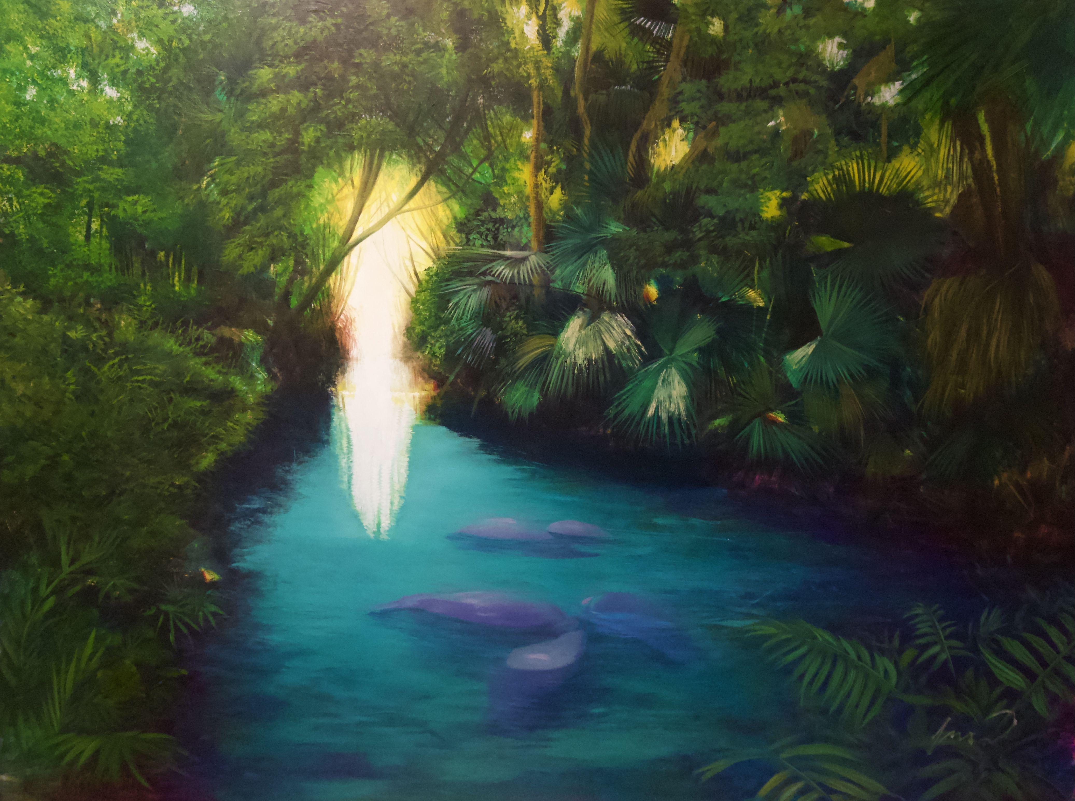 Manatíes de Blue Springs, Pintura, Óleo sobre lienzo - Painting de Paulo Jimenez