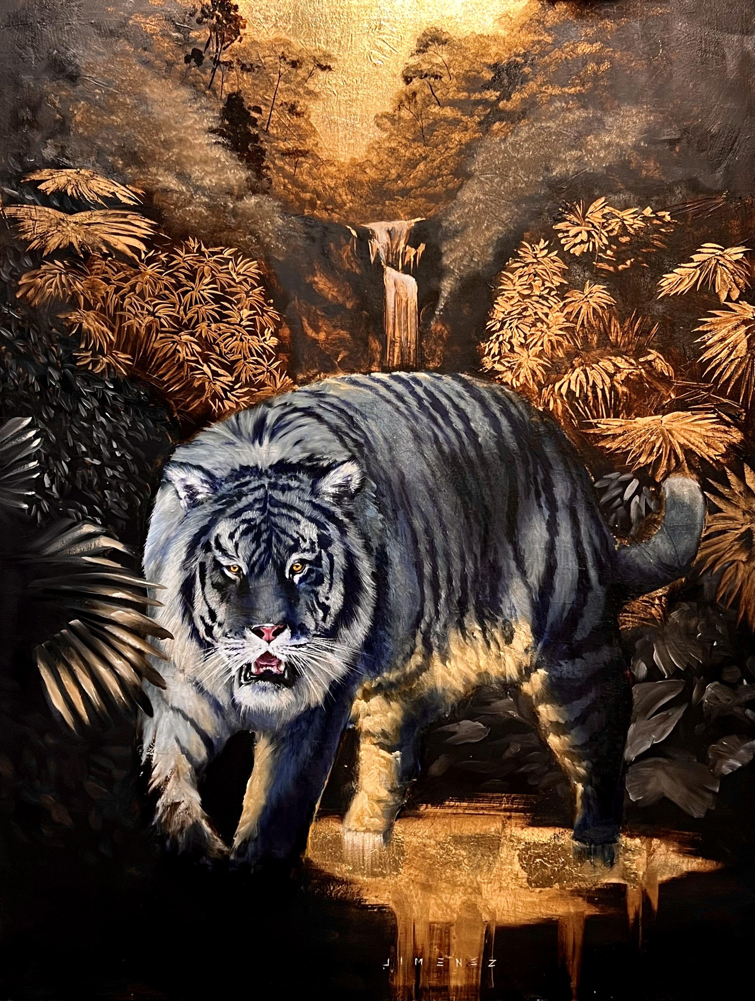 In a golden jungle, a blue tiger roams,  His stripes like sapphires, his gaze like ore,  Wild and free, he rules the land,  A wondrous sight, to see so grand.     Oil and Gold Leaf on canvas :: Painting :: Contemporary :: This piece comes with an