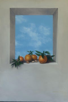 "Oranges in the sky", Painting, Oil on Metal