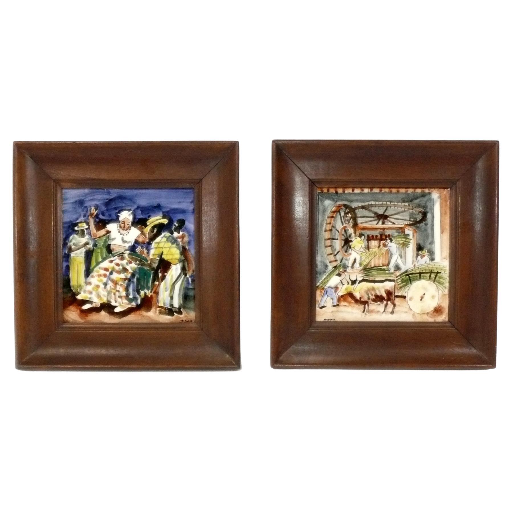 Paulo Rossi Osir Brazilian Hand Painted Tile Wall Plaques For Sale