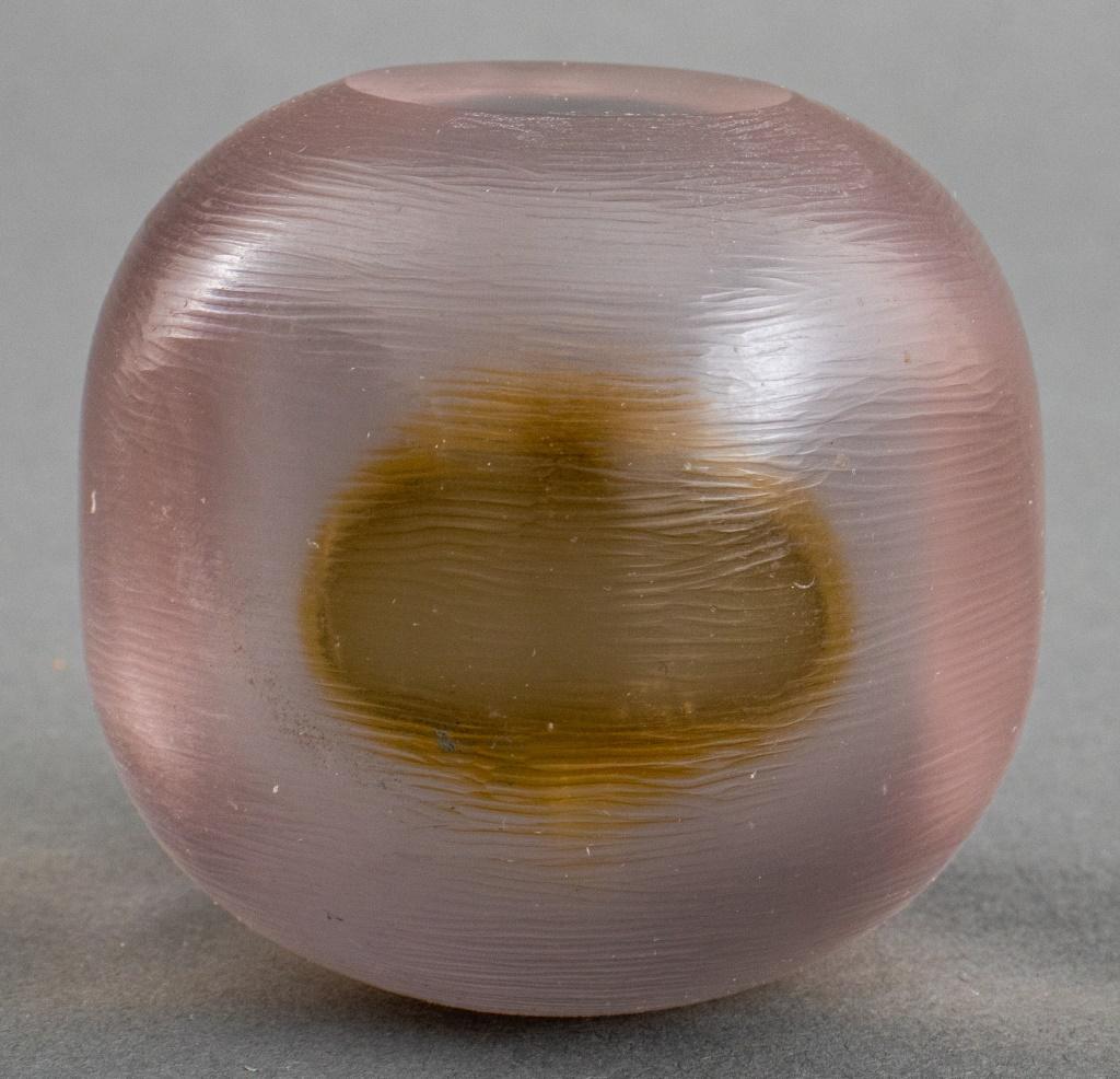 Paolo Venini (Italian, 1895-1959) 'Inciso' cube glass paper weight, frosted outside with horizontal engraving, clear inside with yellow circular inclusion, circa 1950s, signed 