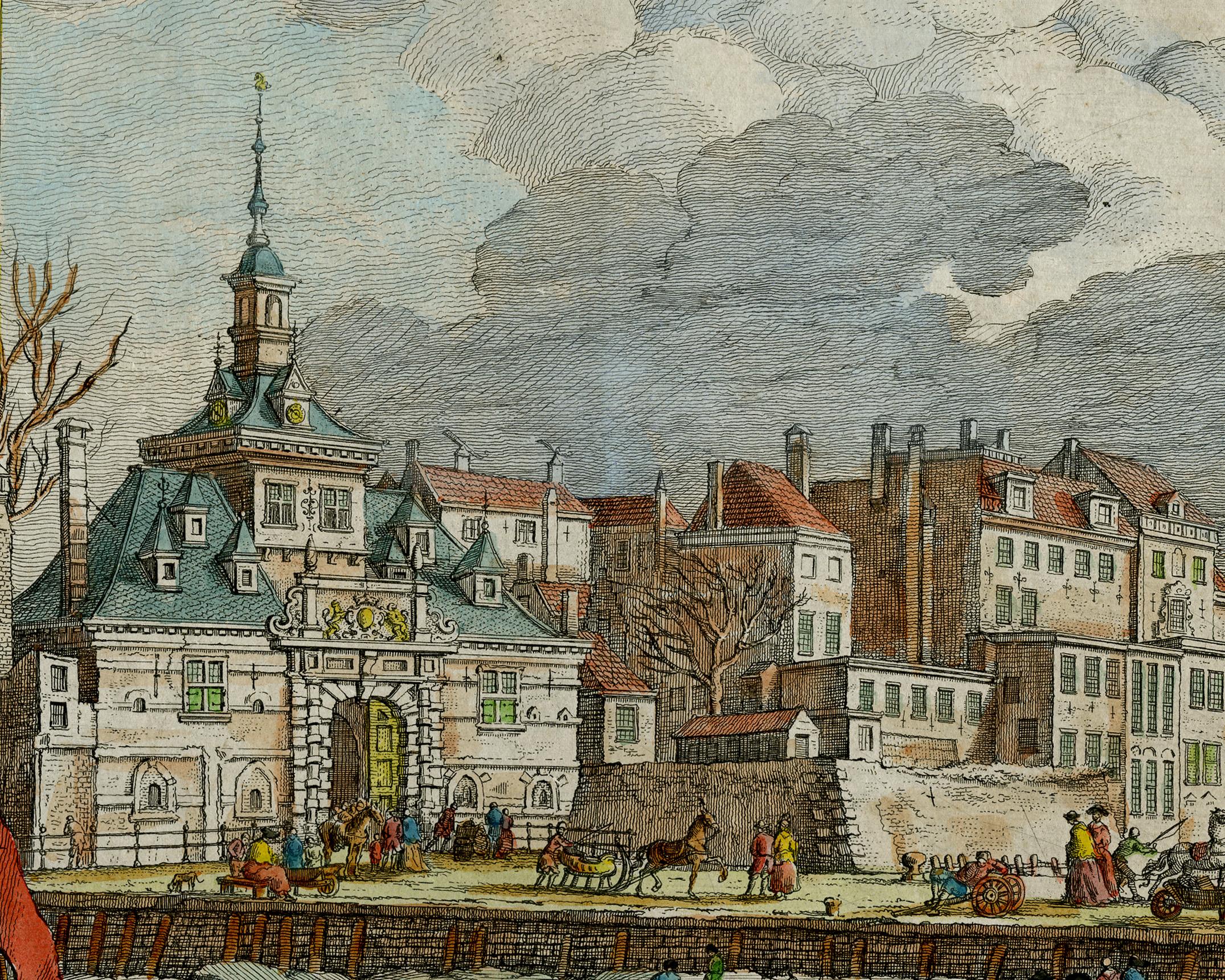 Historical view of Rotterdam with ice skating scenery - Engraving - 18th Century - Print by Paulus Constantijn La Fargue