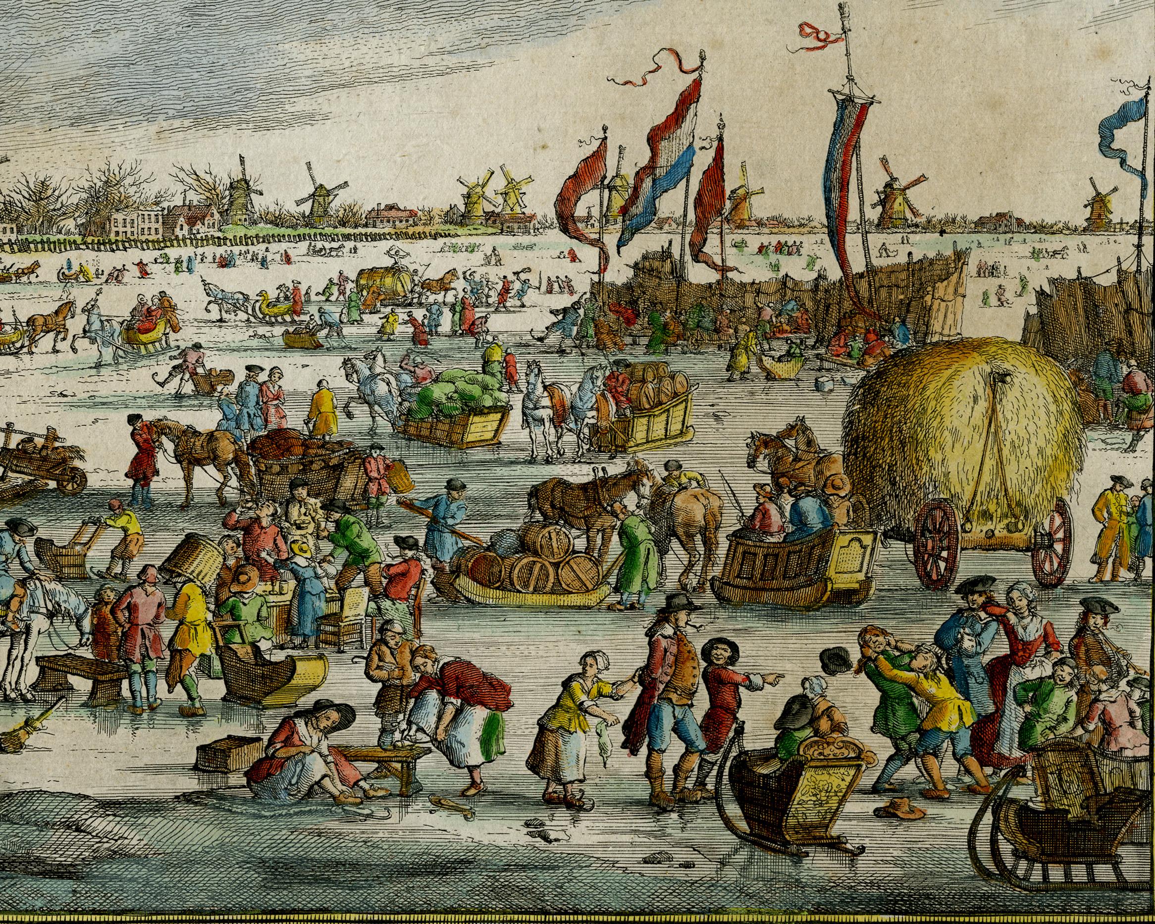 Historical view of Rotterdam with ice skating scenery - Engraving - 18th Century - Old Masters Print by Paulus Constantijn La Fargue