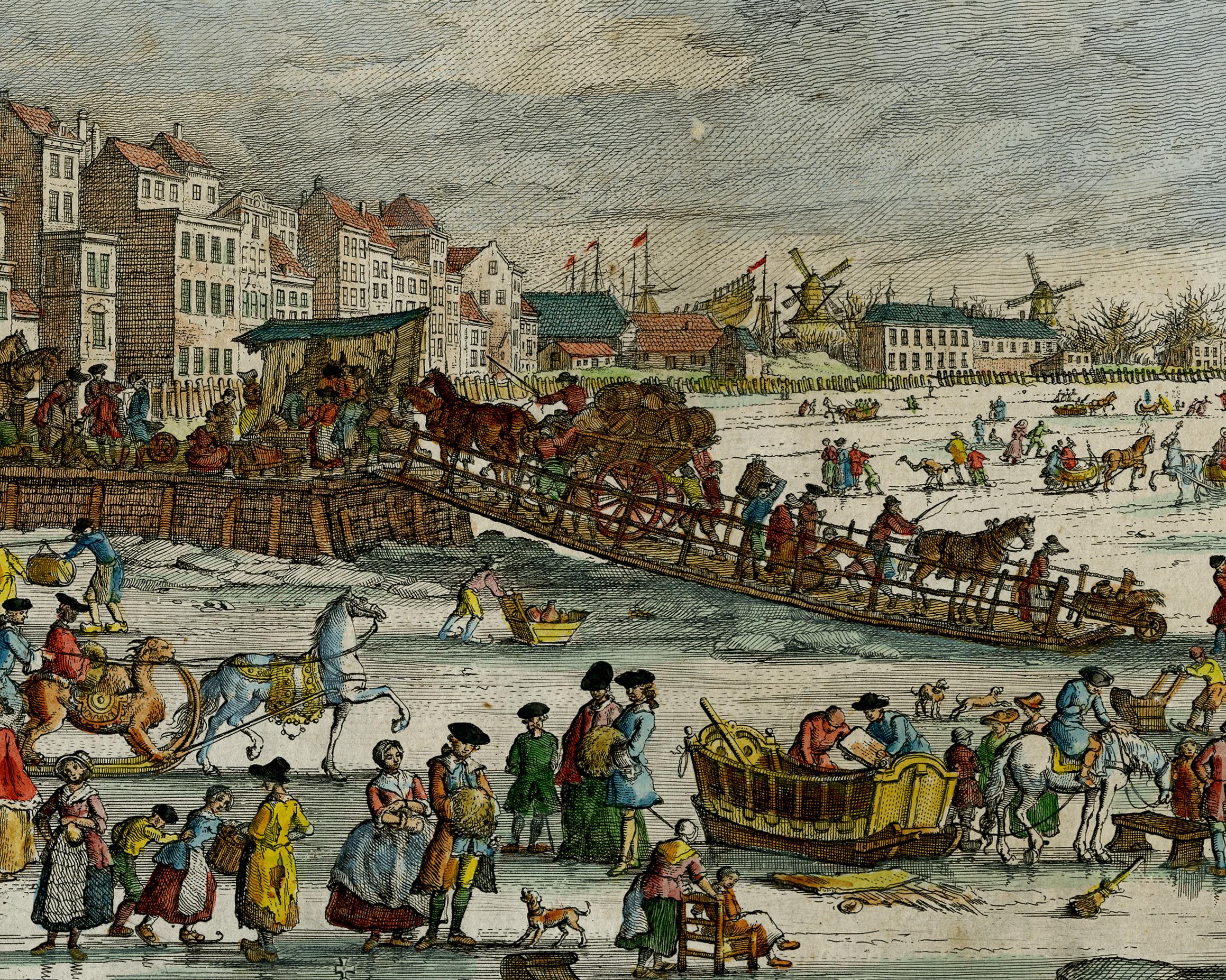 Historical view of Rotterdam with ice skating scenery - Engraving - 18th Century - Gray Landscape Print by Paulus Constantijn La Fargue
