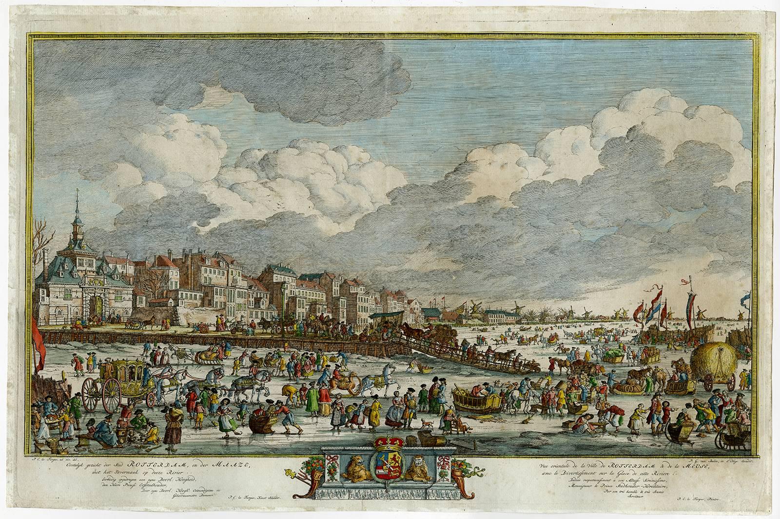 Paulus Constantijn La Fargue Landscape Print - Historical view of Rotterdam with ice skating scenery - Engraving - 18th Century