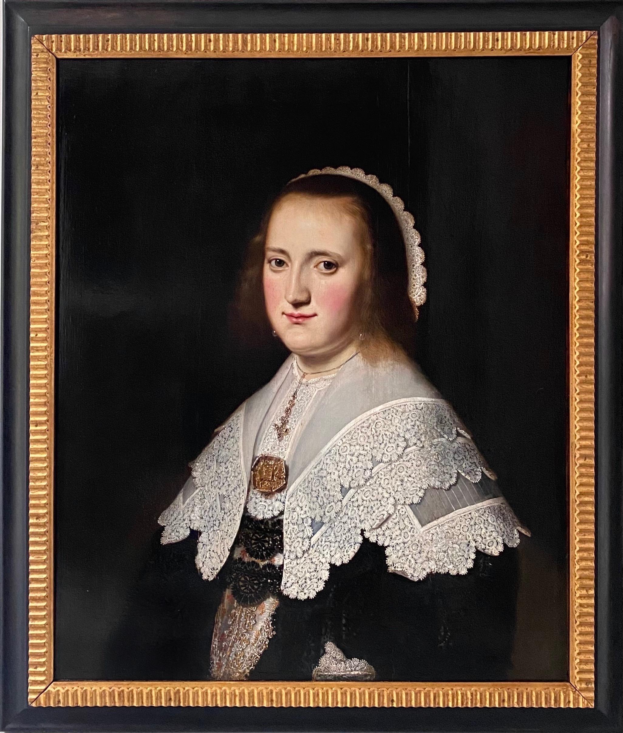 17th century Dutch Old Master Portait of a lady - lace collar jewellery